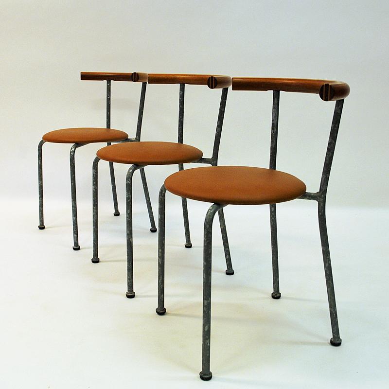 Set of Six Brown Leather Seat Dining Stools by Jerry Hellström, Sweden, 1988 In Good Condition In Stockholm, SE