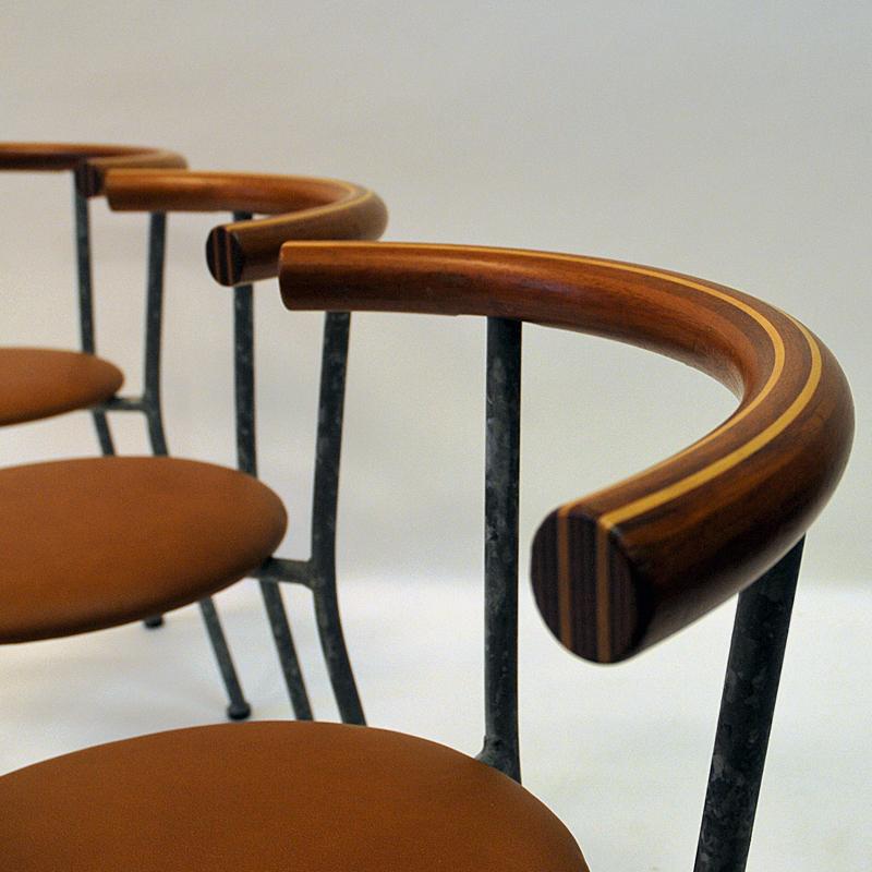 Late 20th Century Set of Six Brown Leather Seat Dining Stools by Jerry Hellström, Sweden, 1988