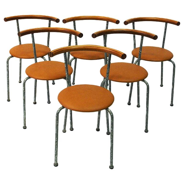 Set of Six Brown Leather Seat Dining Stools by Jerry Hellström, Sweden, 1988