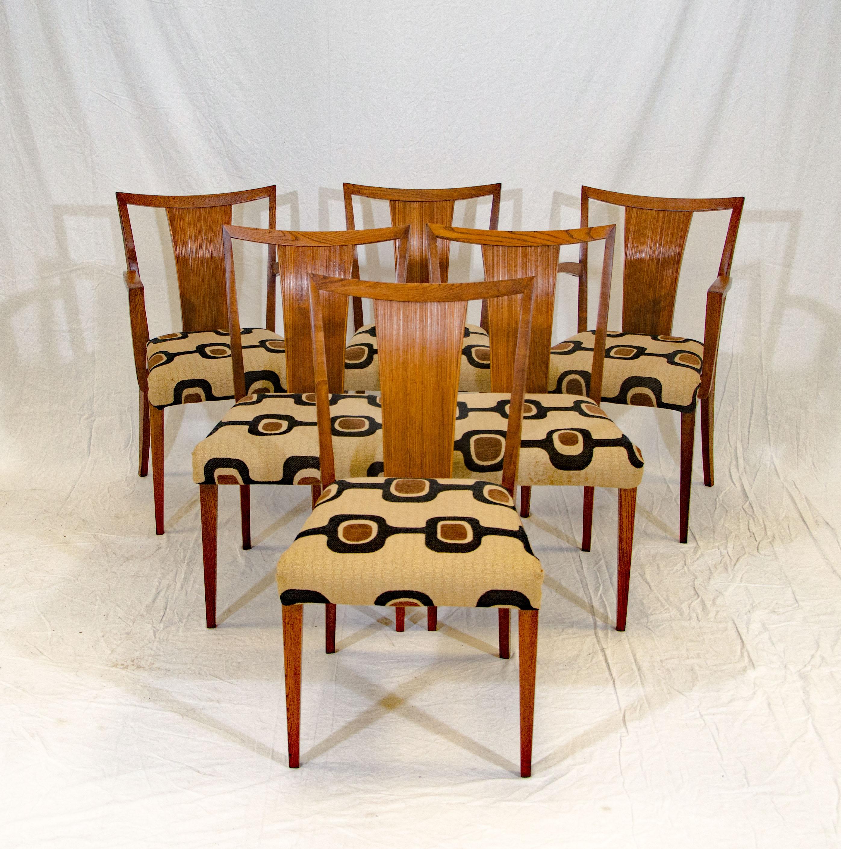 Nice set of six oak Brown Saltman dining chairs designed by Paul Frankl. This set was manufactured for the Paul Frankl dining table in listing Ref: LU915519019132. The upholstery was chosen by the previous owner but can easily be changed by