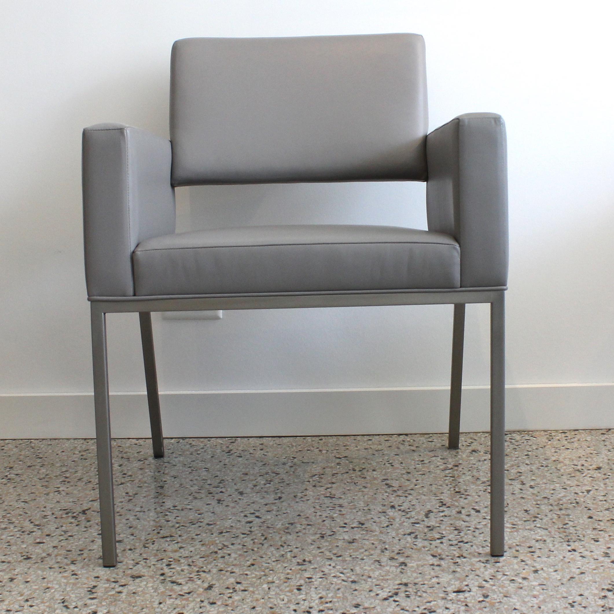 Stainless Steel Set of Six Brueton Grey Leather Arm Chairs For Sale