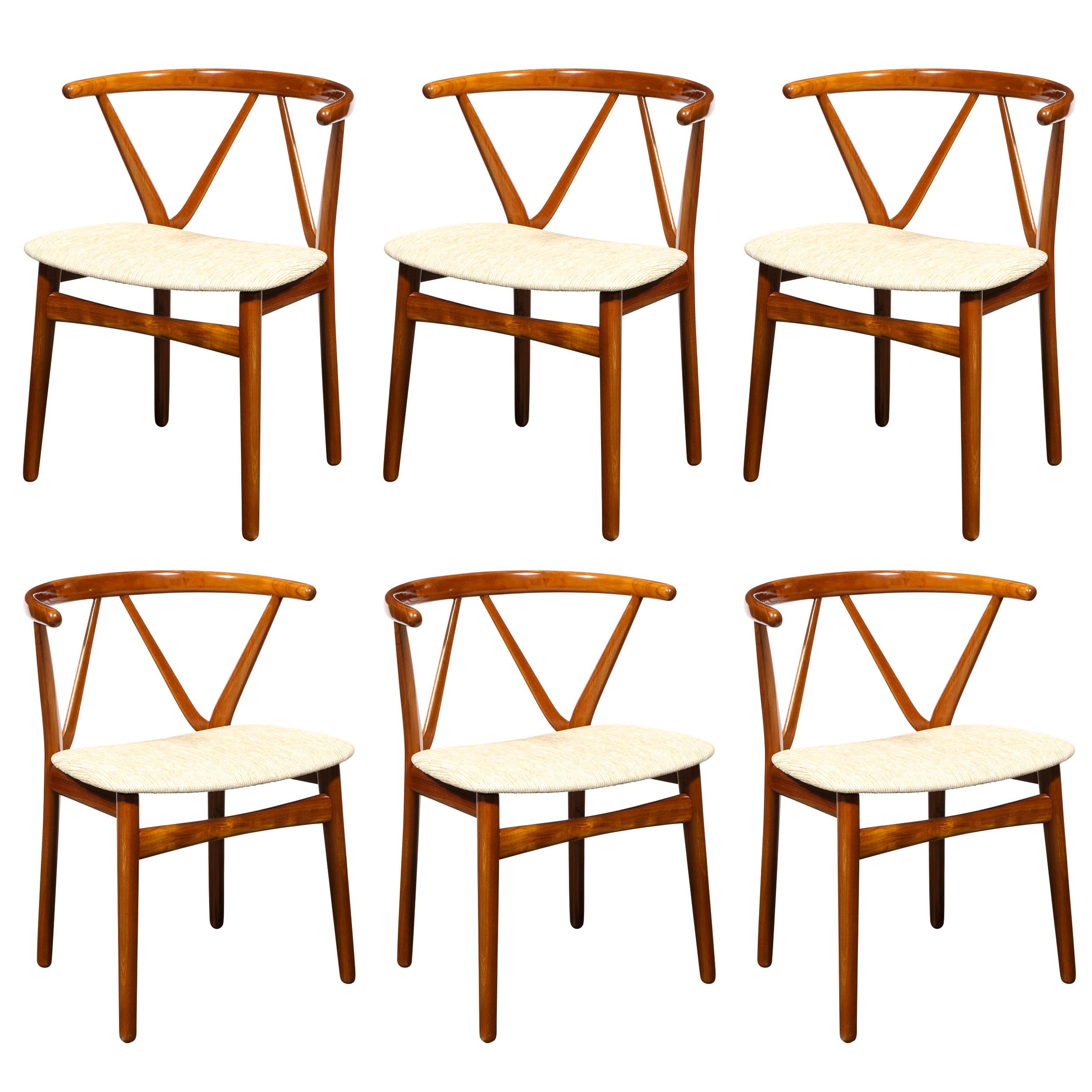 Set of Six Bruno Hansen "Wishbone" Chairs in Teak w/ Champagne Holly Hunt Fabric