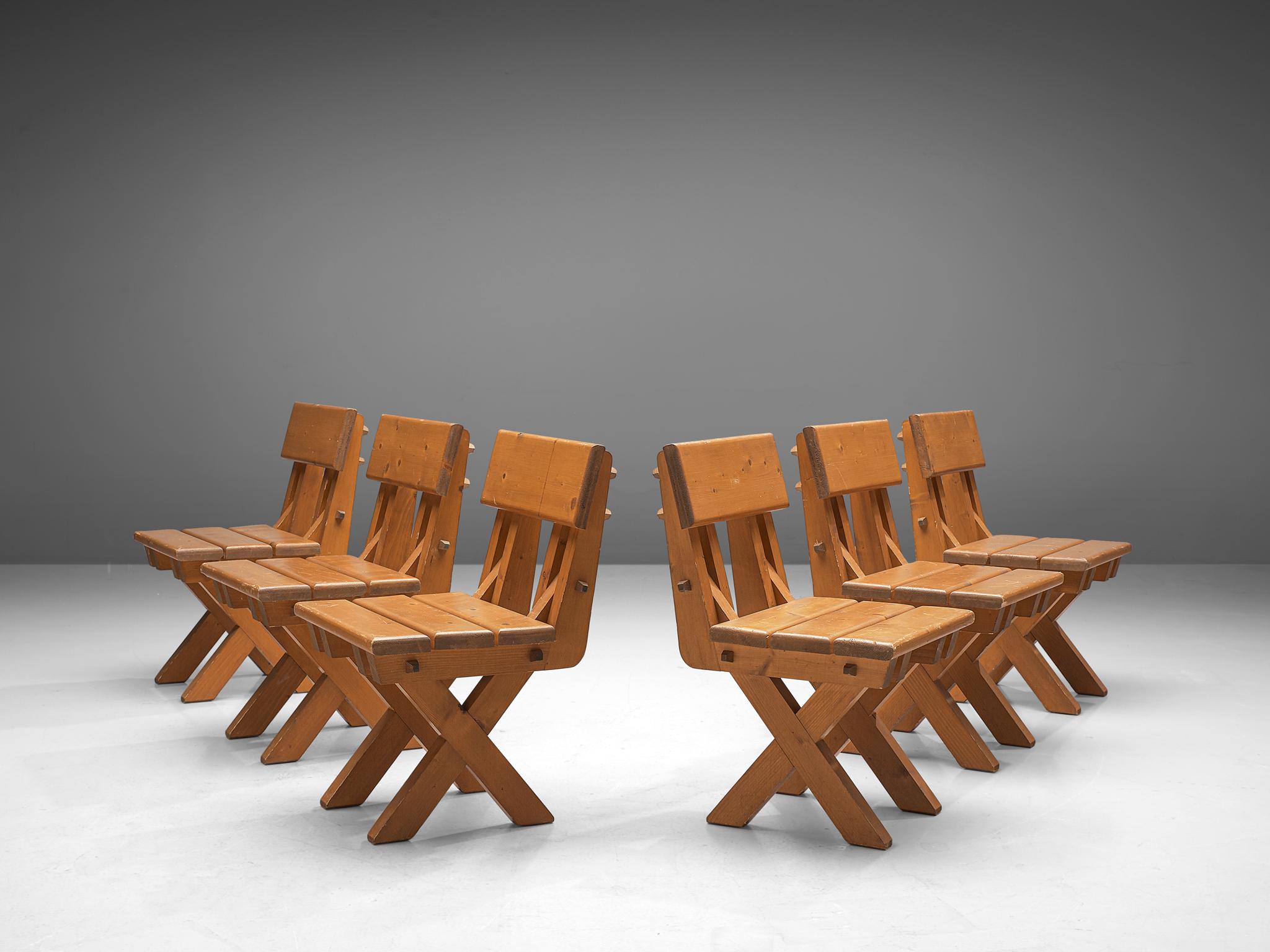 Mid-Century Modern Set of Six Brutalist Chairs in Solid Pine