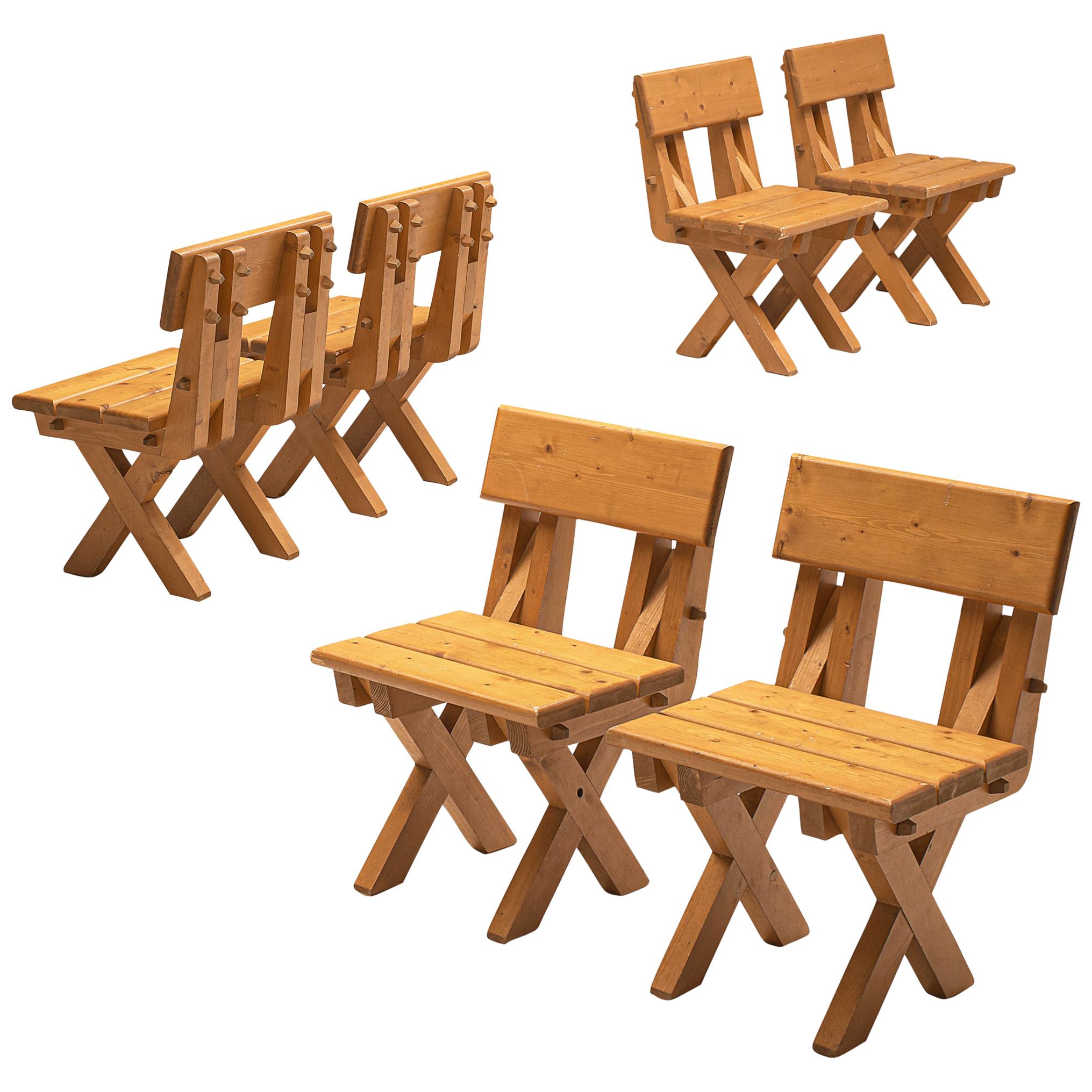 Set of Six Brutalist Chairs in Solid Pine