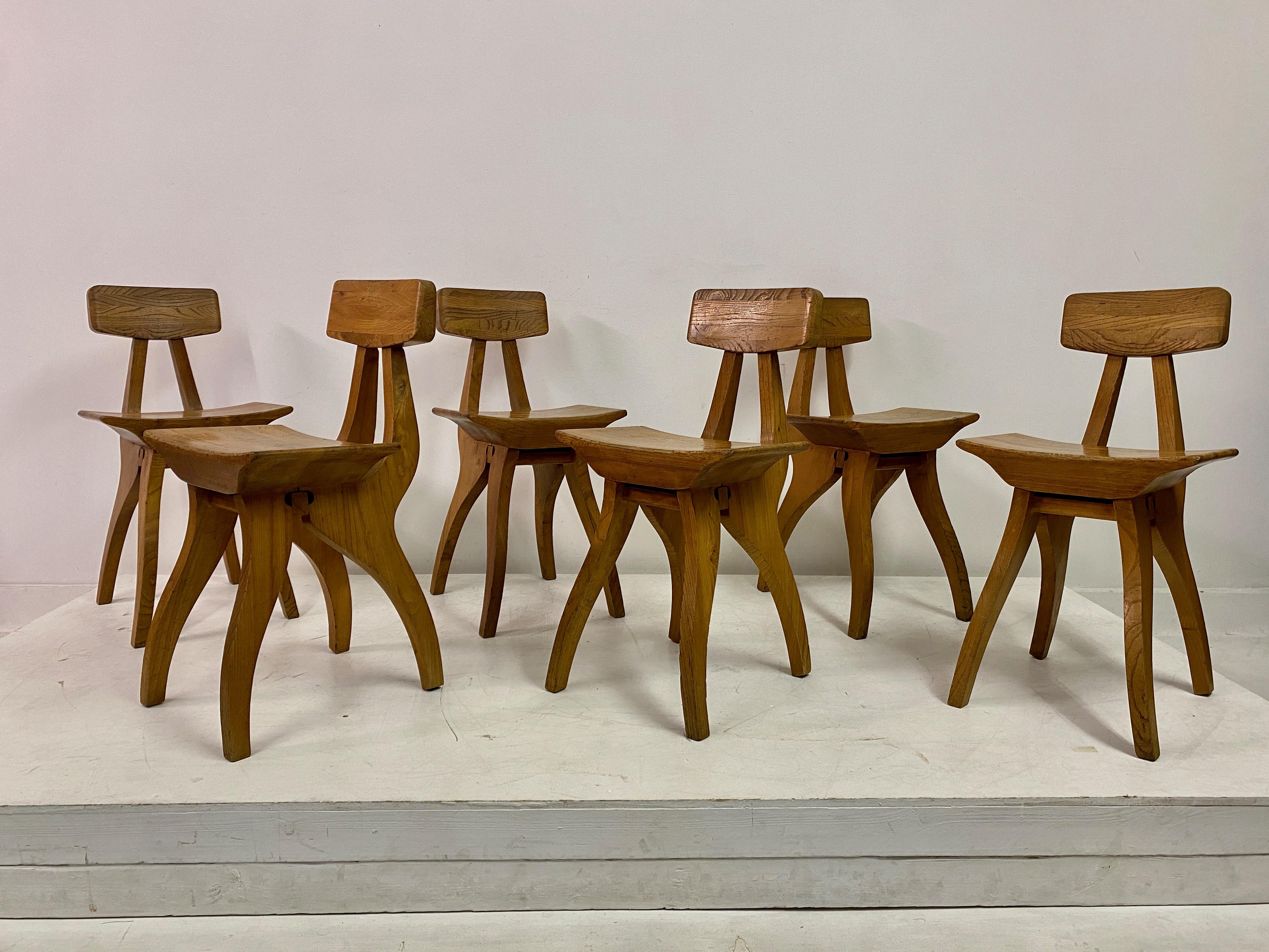 Set of Six Brutalist Dining Chairs in Elm For Sale 5