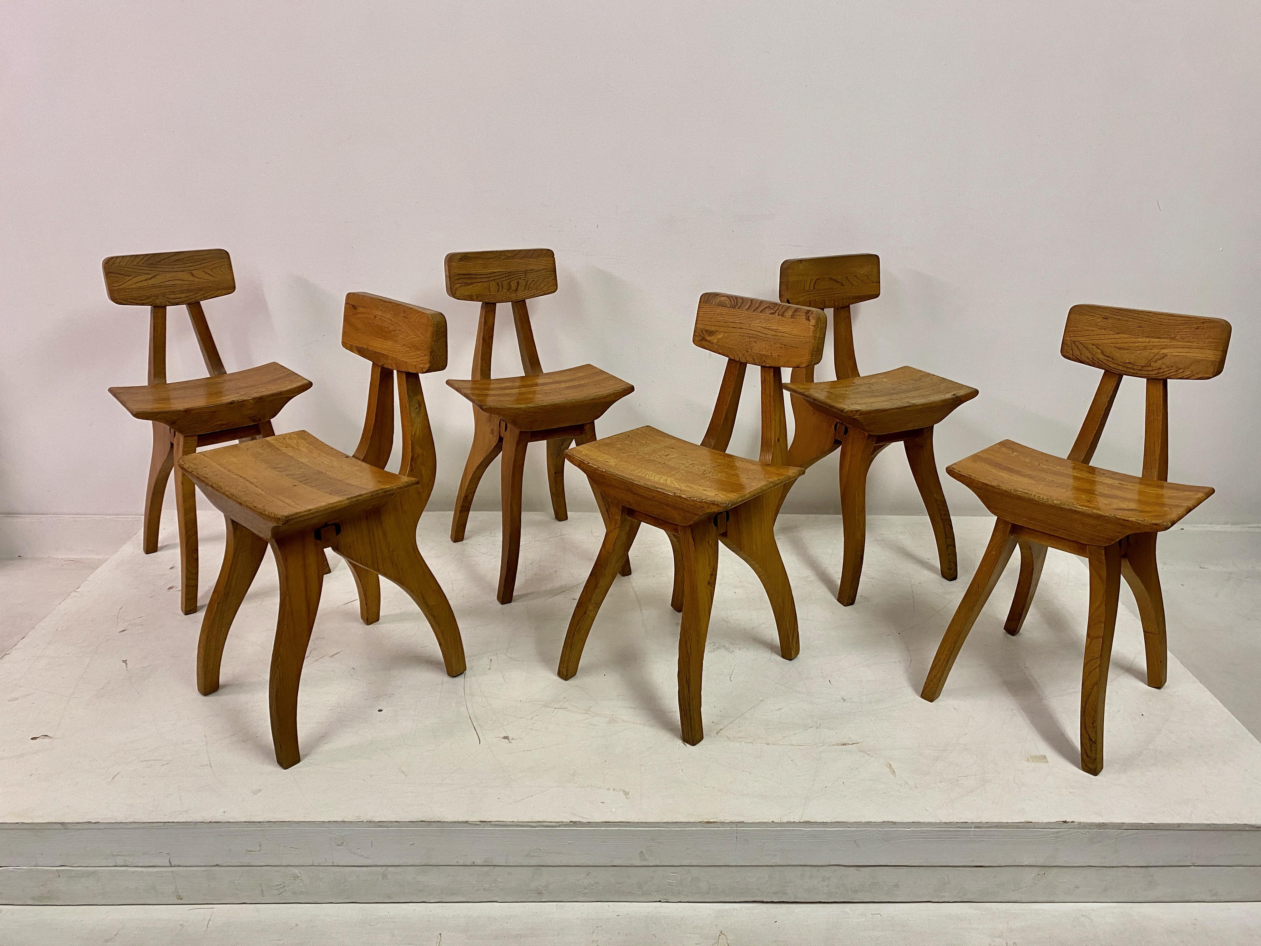 Set of Six Brutalist Dining Chairs in Elm For Sale 6
