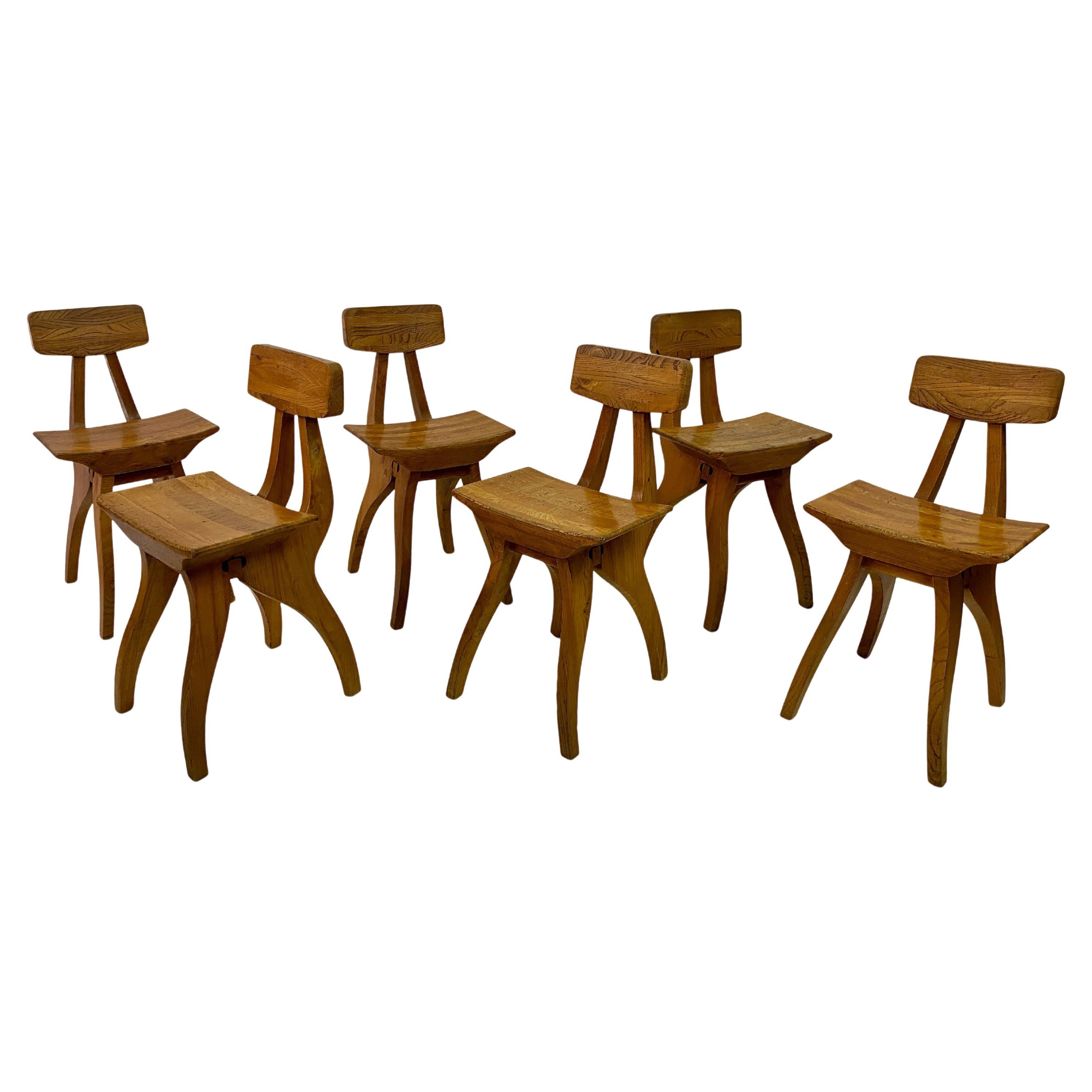 Set of Six Brutalist Dining Chairs in Elm For Sale