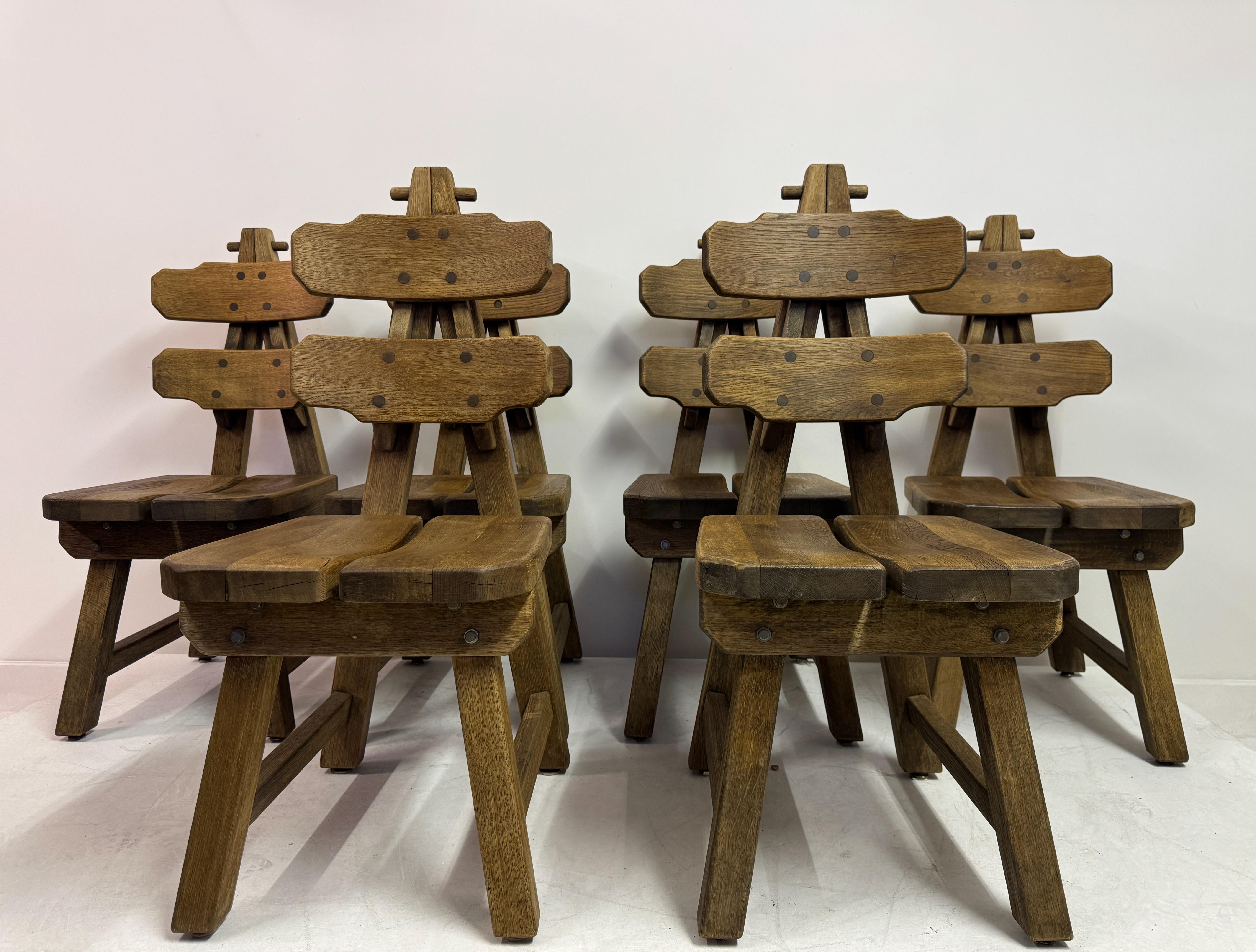 Belgian Set of Six Brutalist Dining Chairs in Oak, Low Countries, 1960s For Sale