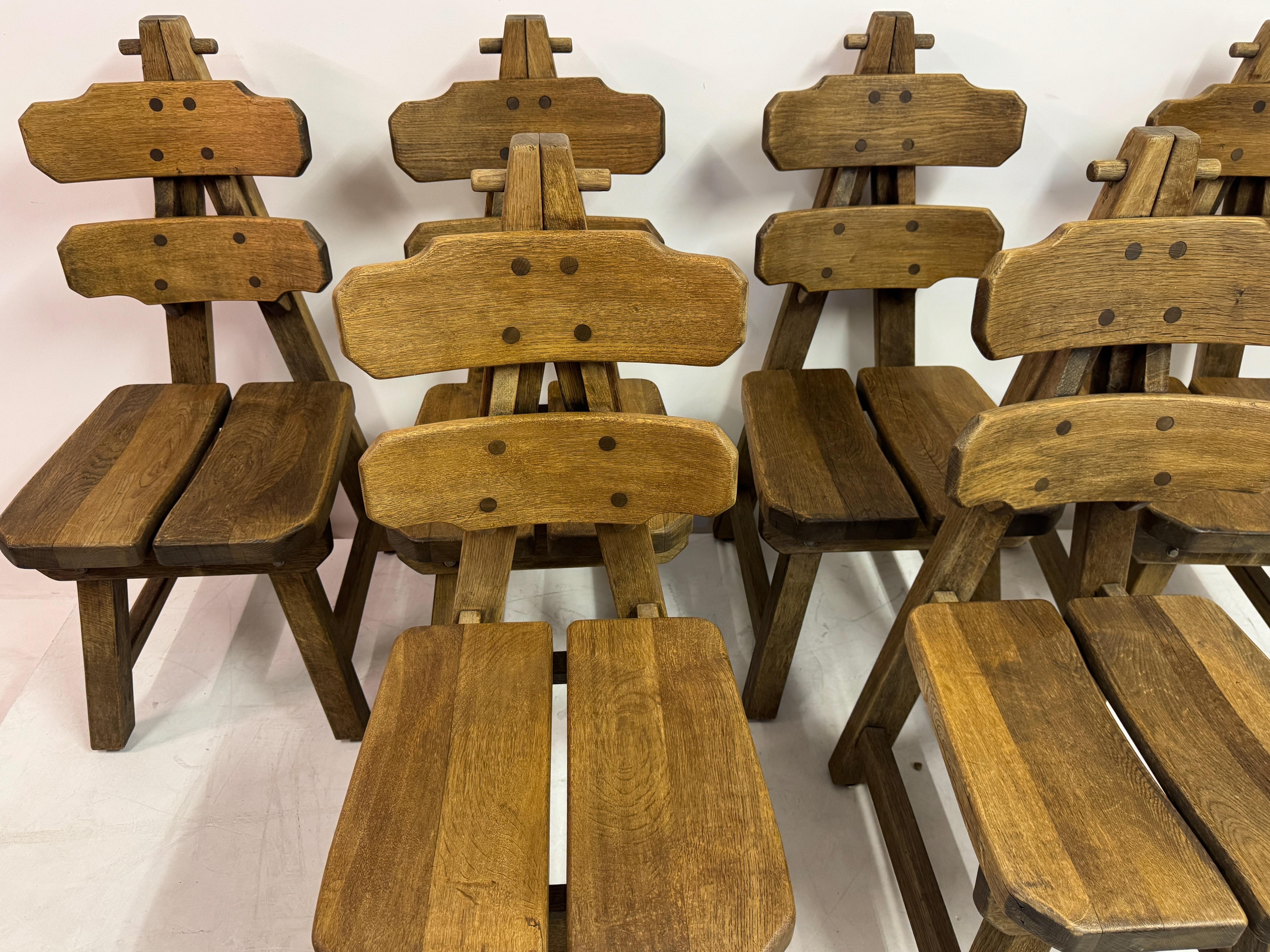 Set of Six Brutalist Dining Chairs in Oak, Low Countries, 1960s For Sale 1