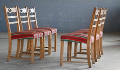 Set of Six Brutalist Dining Chairs in Solid Carved Oak by Henning Kjærnulf 60's