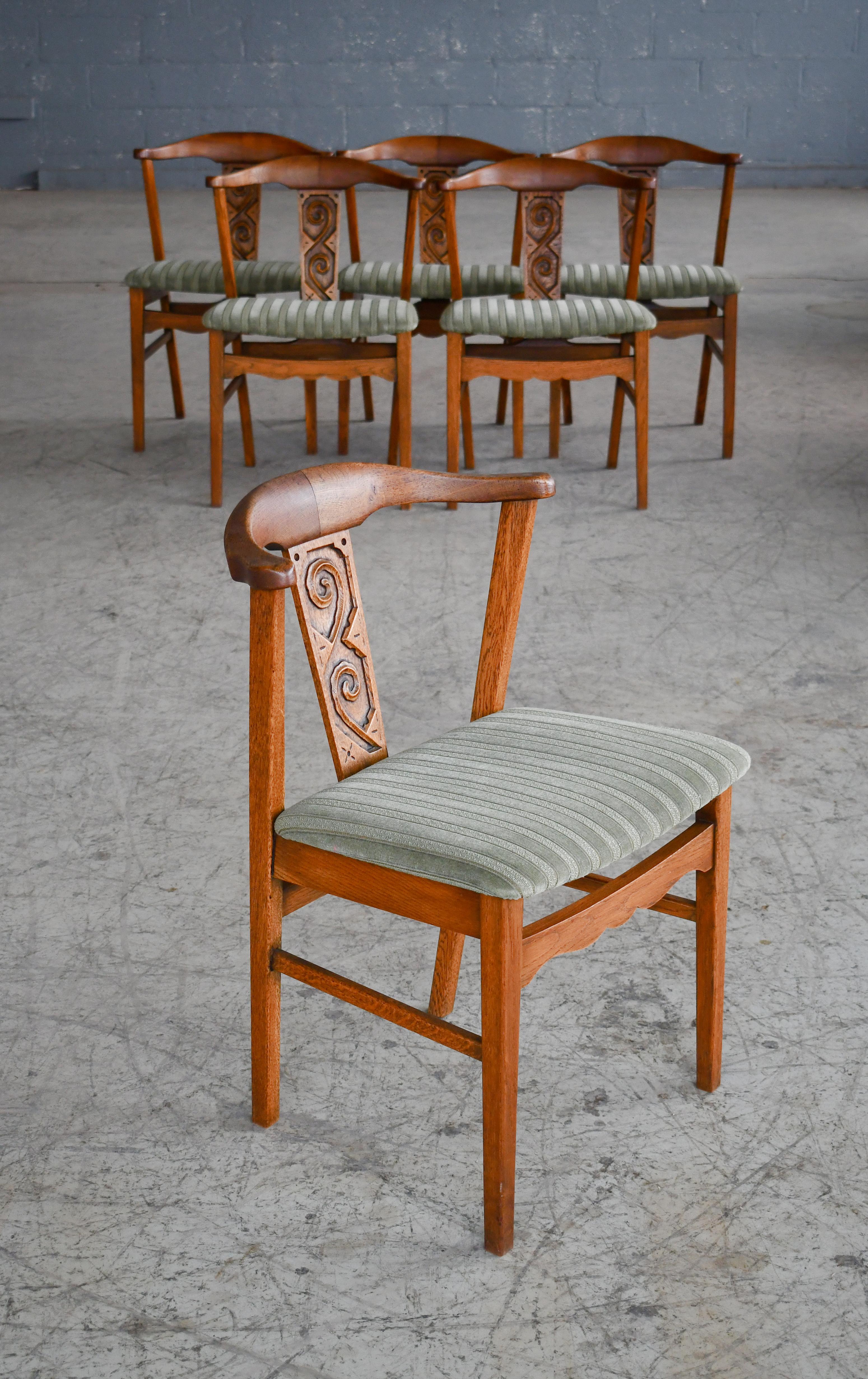 Mid-Century Modern Set of Six Brutalist Dining Chairs in Solid Carved Oak by Henning Kjærnulf 60's