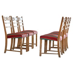 Set of Six Brutalist Dining Chairs in Solid Carved Oak by Henning Kjærnulf 60's