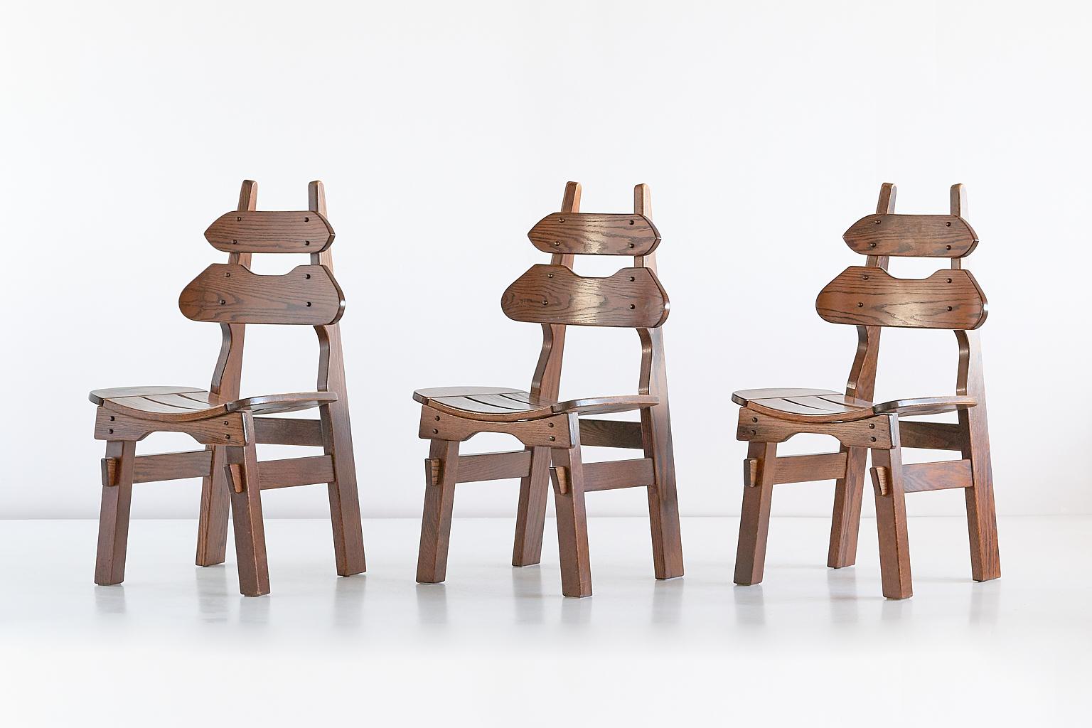 Set of Six Brutalist Dining Chairs in Solid Oak, Spain, 1970s 8