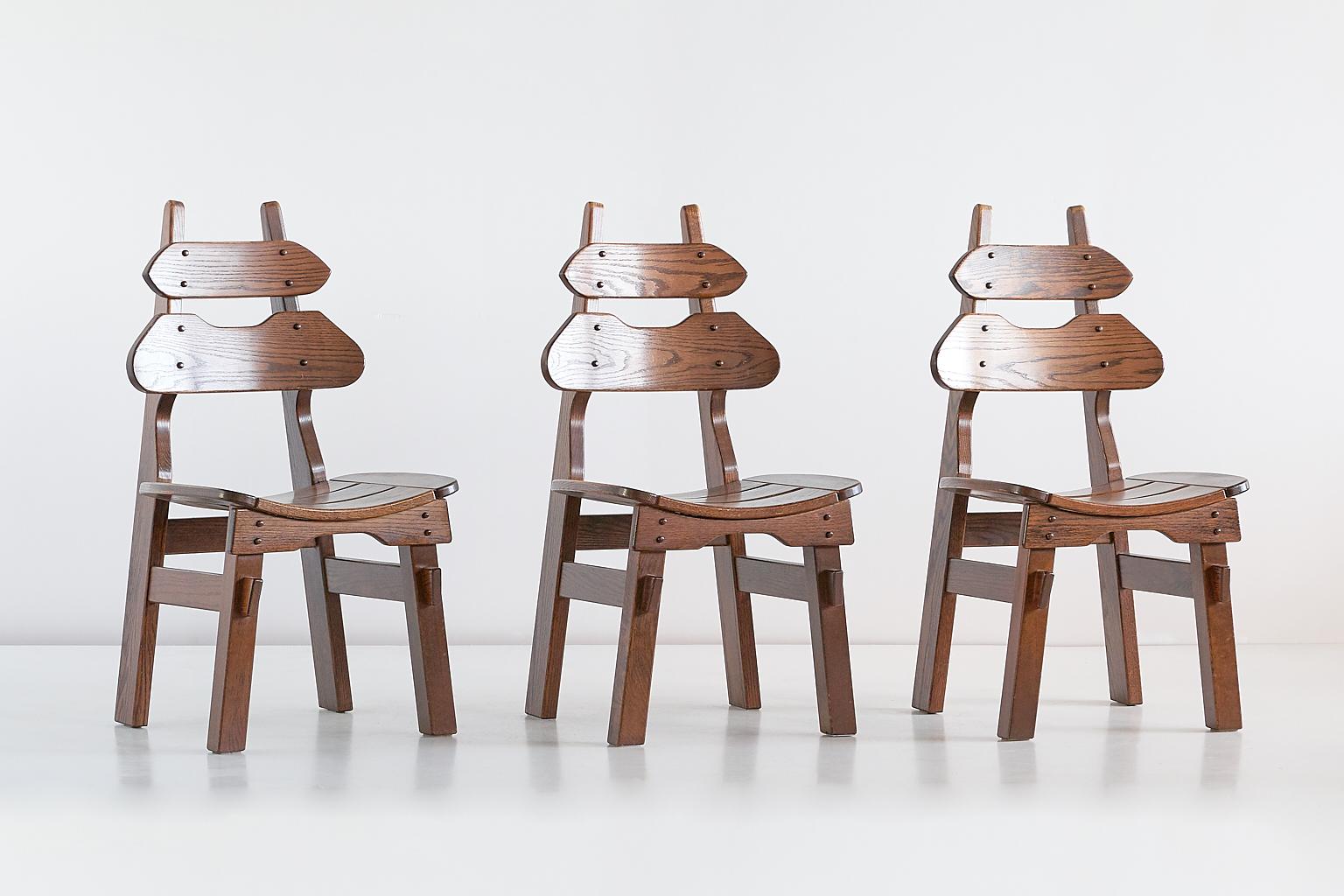 Set of Six Brutalist Dining Chairs in Solid Oak, Spain, 1970s 9