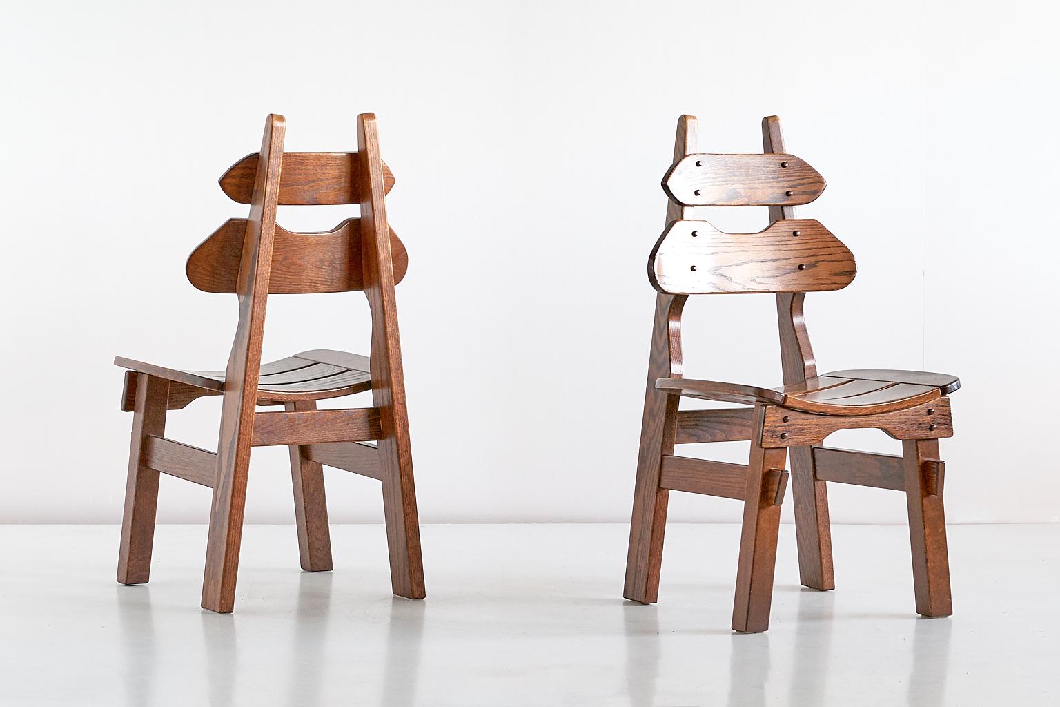 Spanish Set of Six Brutalist Dining Chairs in Solid Oak, Spain, 1970s