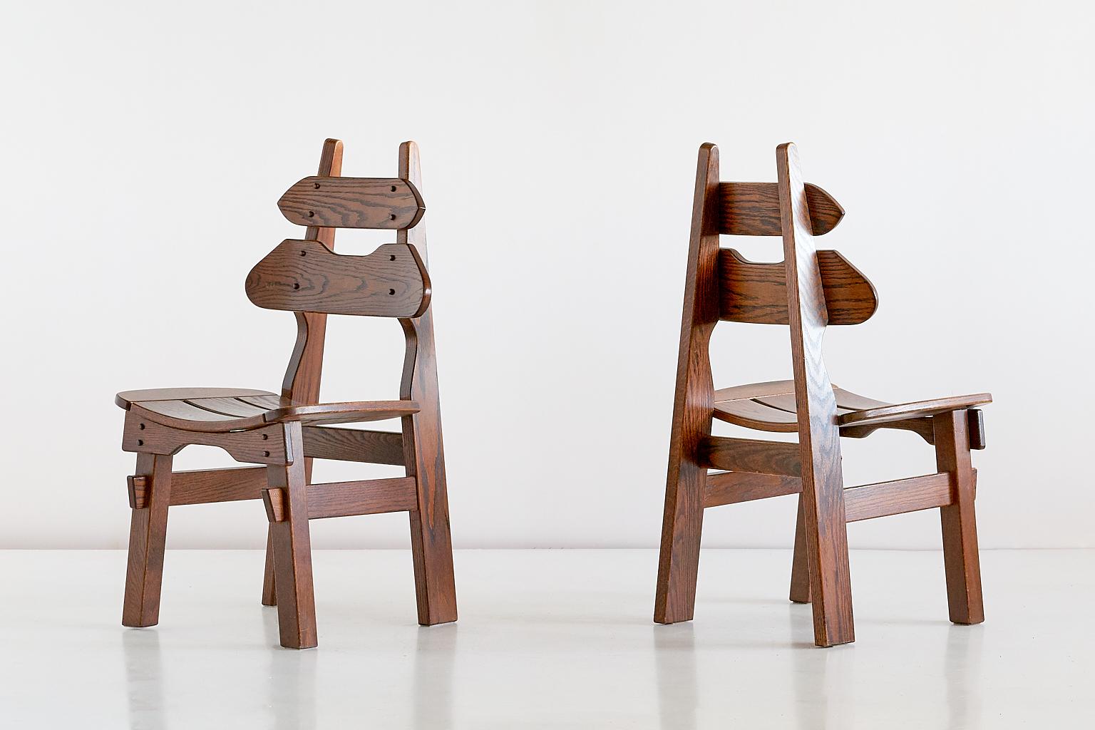 Stained Set of Six Brutalist Dining Chairs in Solid Oak, Spain, 1970s