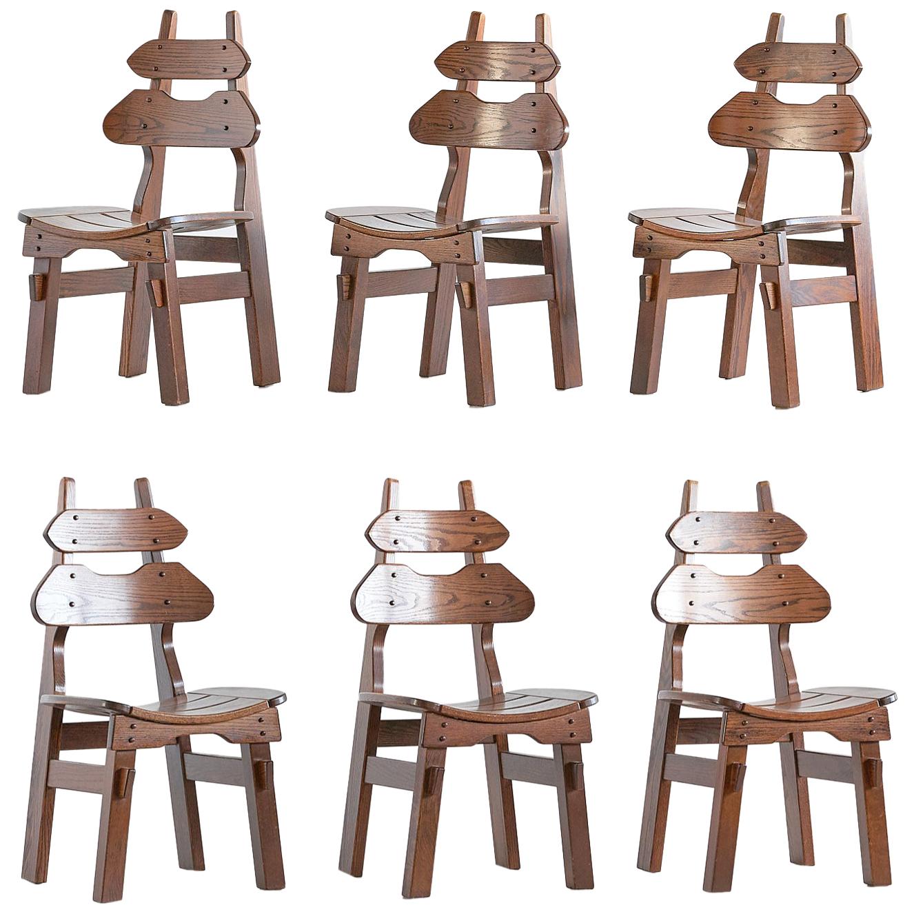 Set of Six Brutalist Dining Chairs in Solid Oak, Spain, 1970s