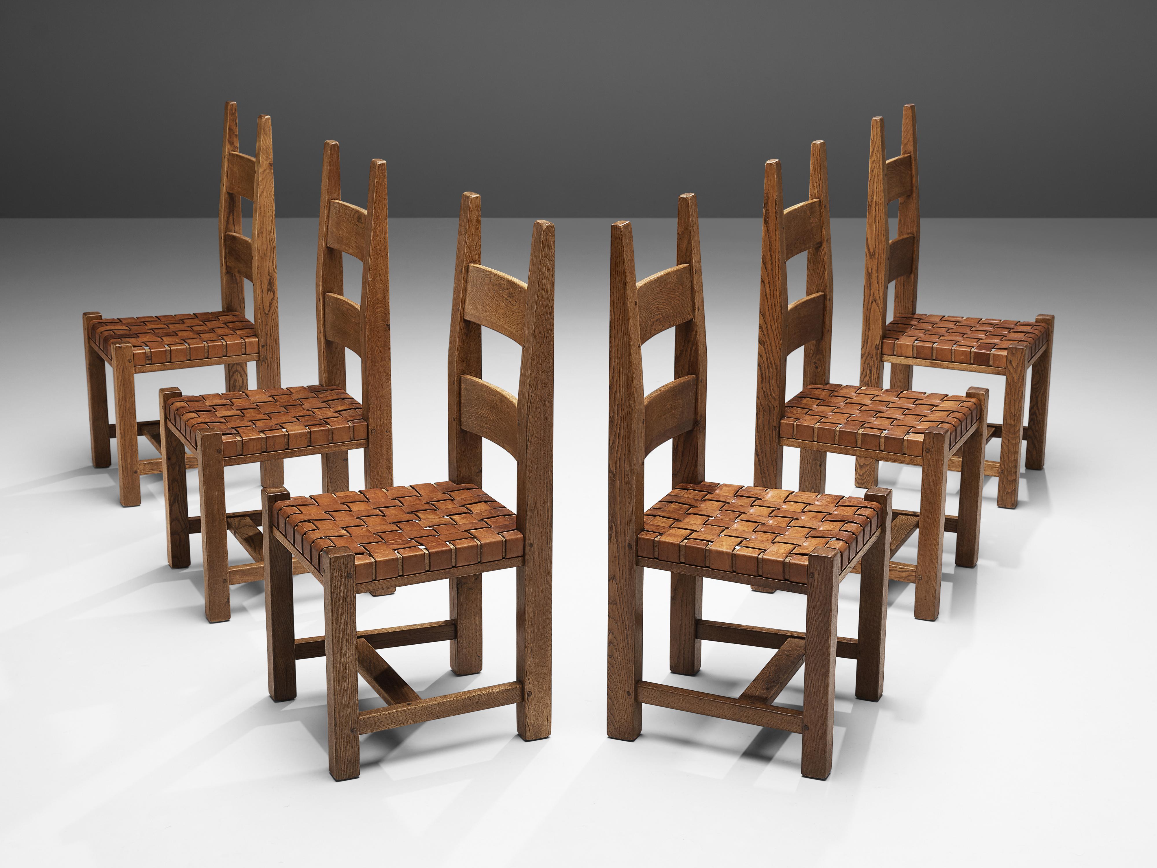 Set of six dining chairs, oak, leather, France, 1960s

With their high, pointed backrests this set of six dining chairs gets a Brutalist look. Both legs at the back are continuing into the backrest and ending on top with tapered ends. The backrest
