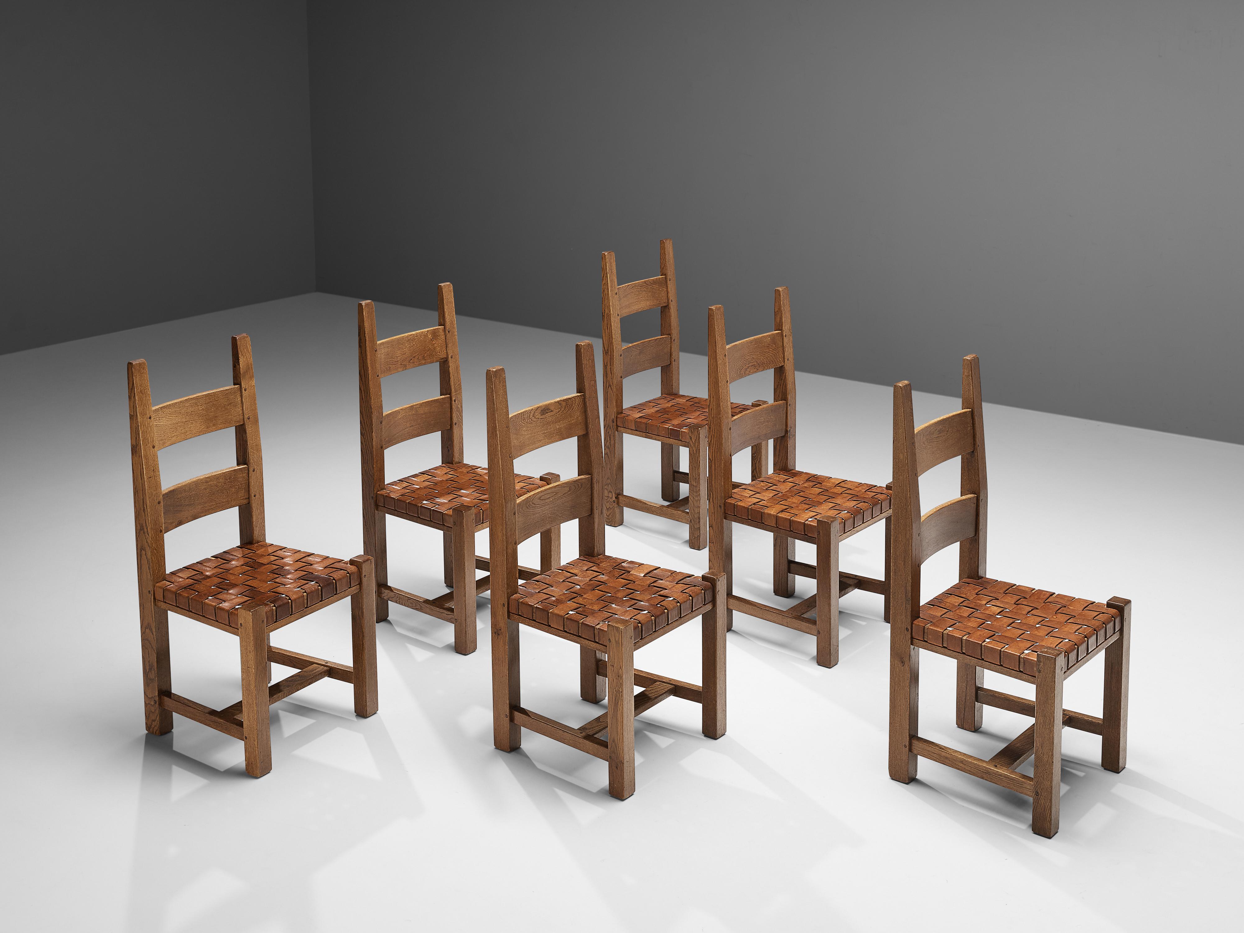 Mid-20th Century Set of Six Brutalist Dining Chairs with Leather Seat