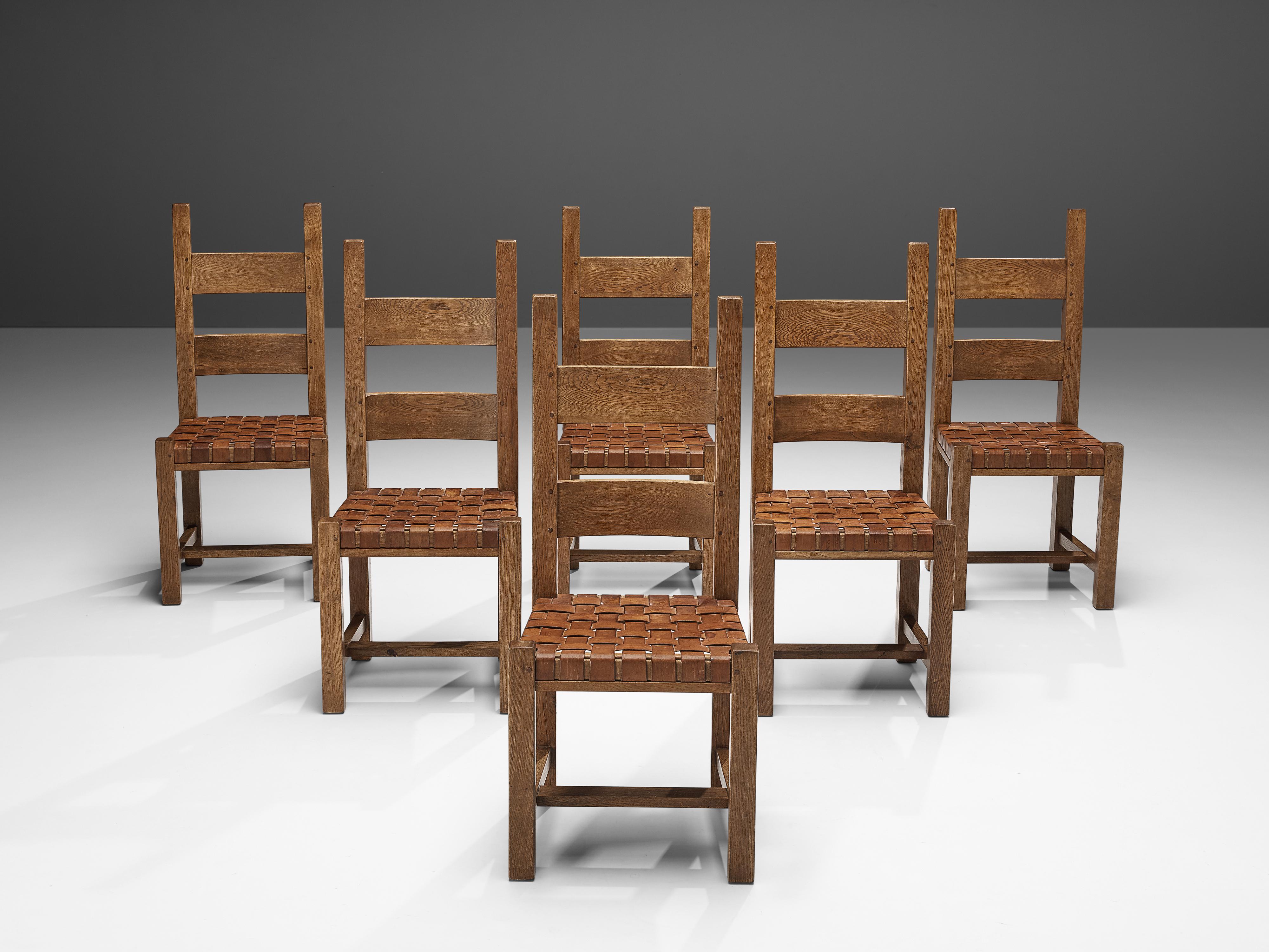 Set of Six Brutalist Dining Chairs with Leather Seat 3