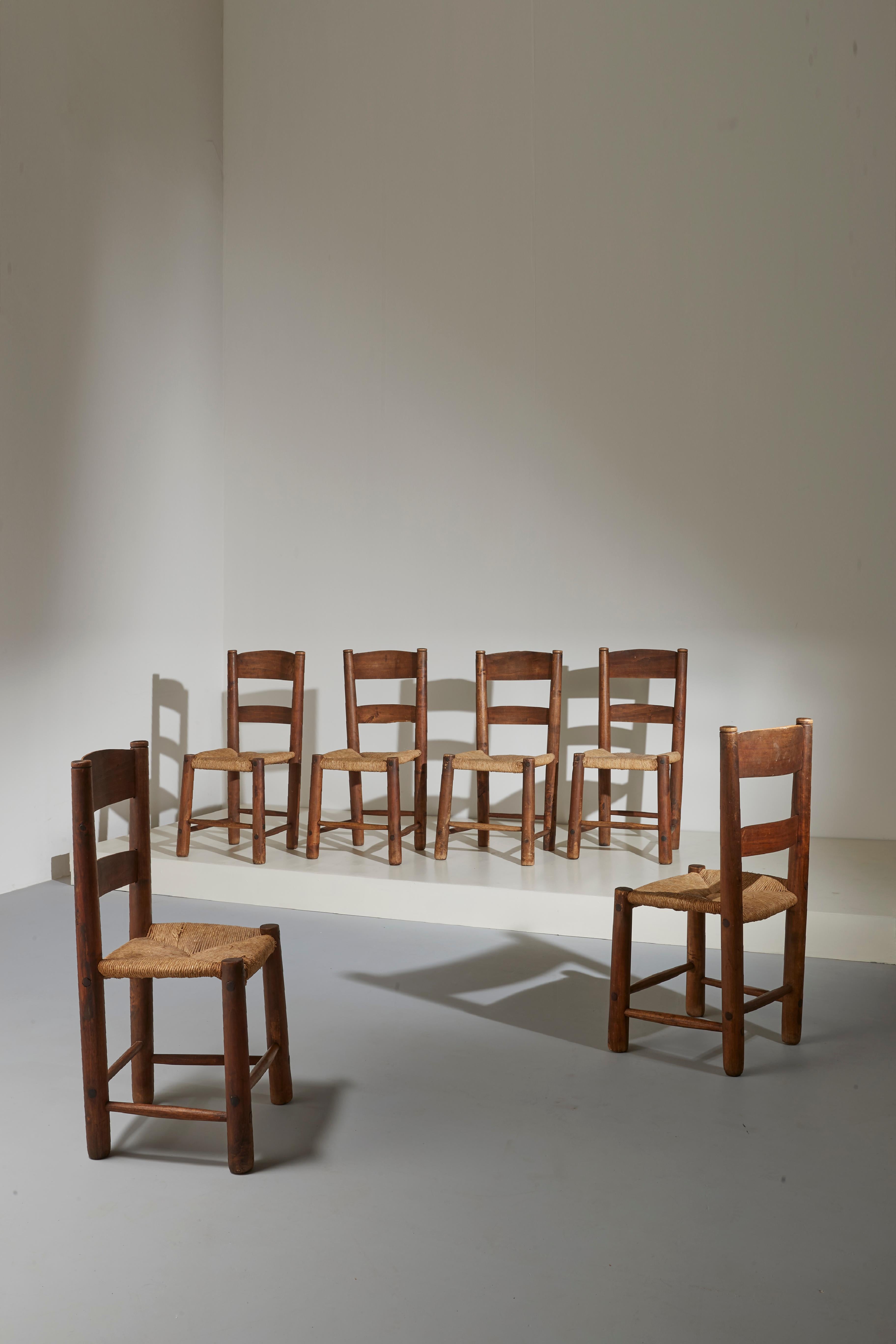 Brutalist Six brutalist dining chair in poplar and cane in the style of Charles Dudouyt