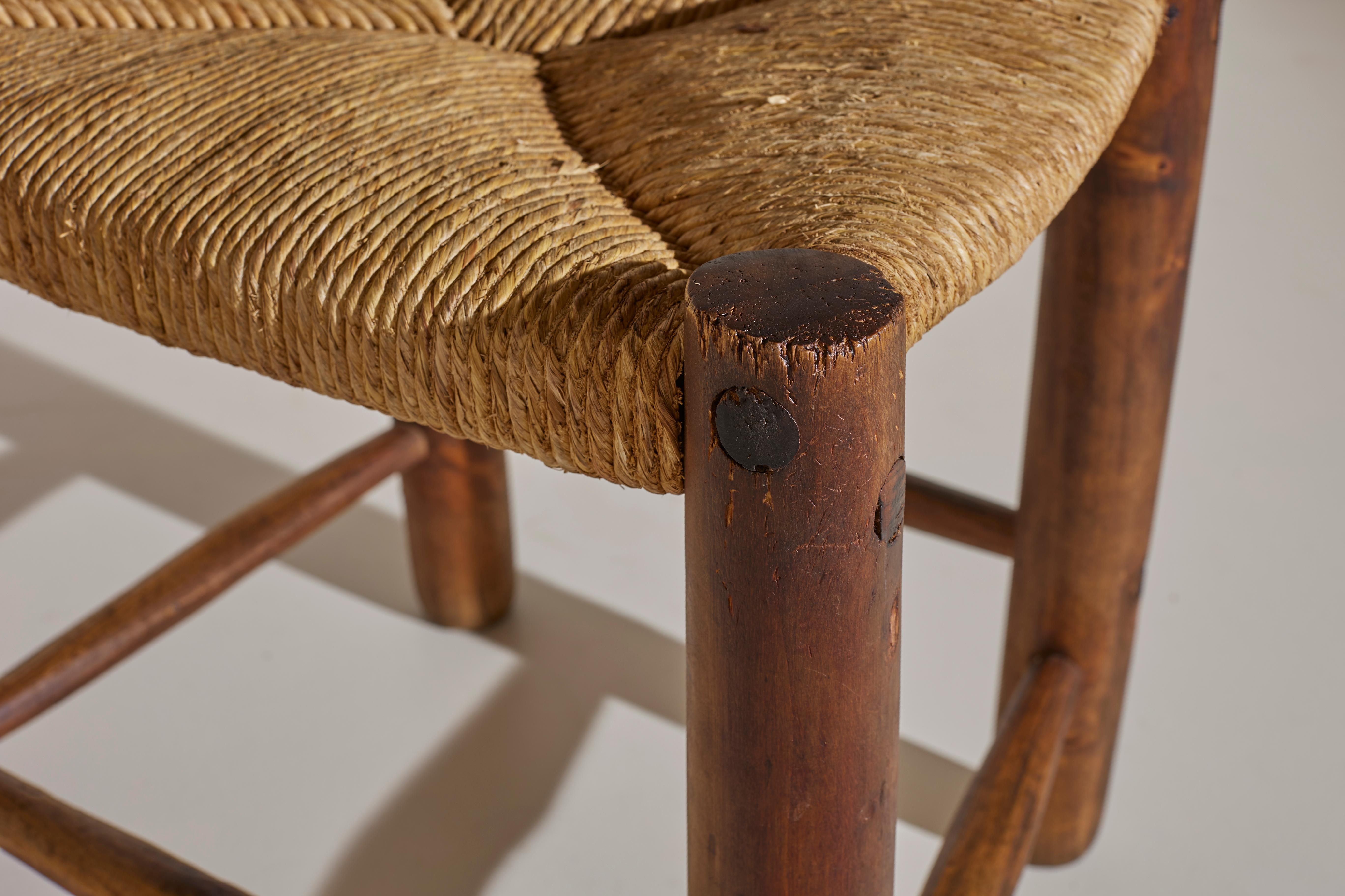 Italian Six brutalist dining chair in poplar and cane in the style of Charles Dudouyt