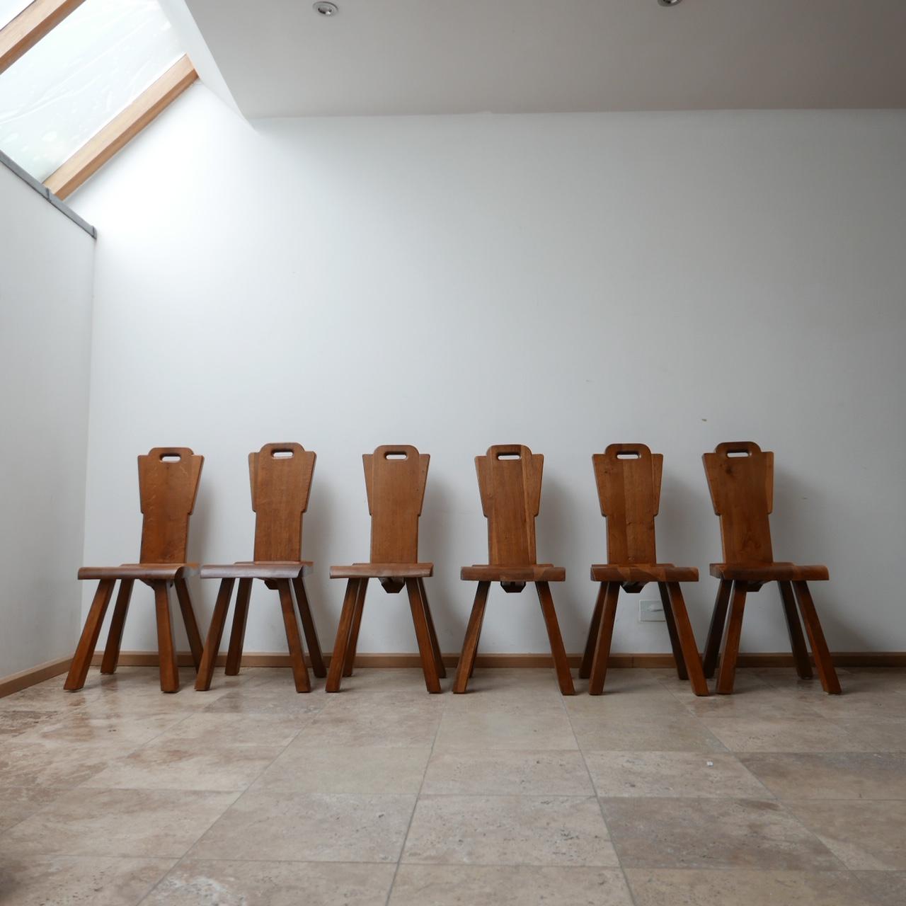 Wood Set of Six Brutalist Midcentury Belgium Dining Chairs For Sale