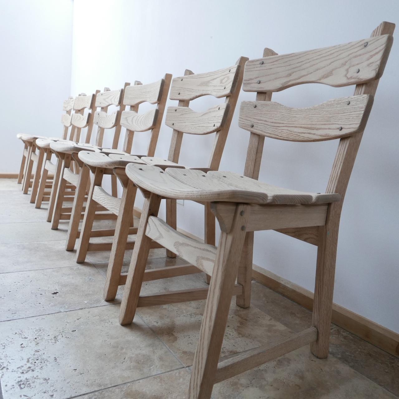 Belgian Set of Six Brutalist Mid-Century Oak Dining Chairs '6'