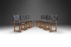 Set of Six Brutalist Oak and Leather Dining Chairs, France 1960s