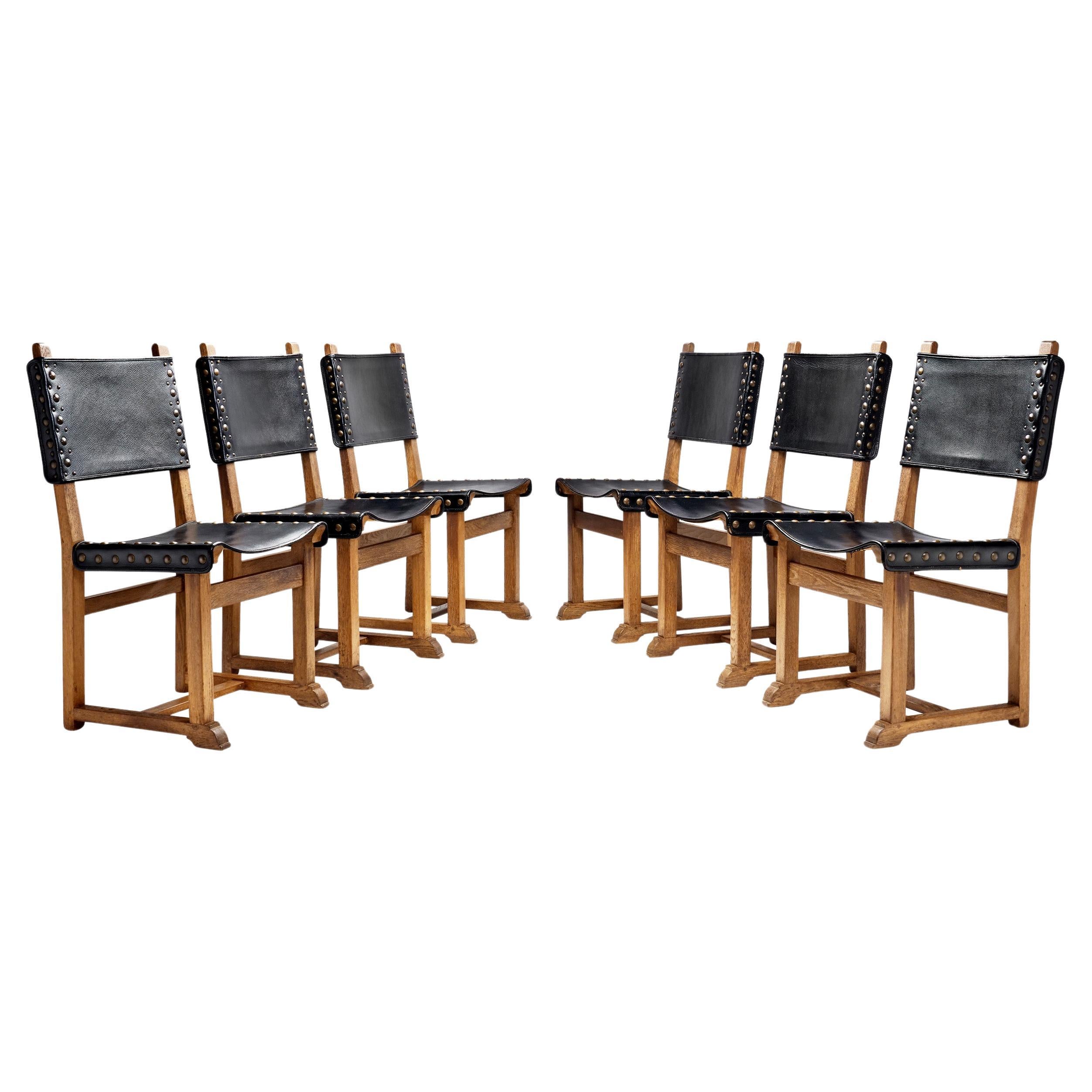 Set of Six Brutalist Oak and Leather Dining Chairs, France 1960s For Sale