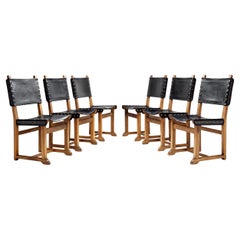 Retro Set of Six Brutalist Oak and Leather Dining Chairs, France 1960s