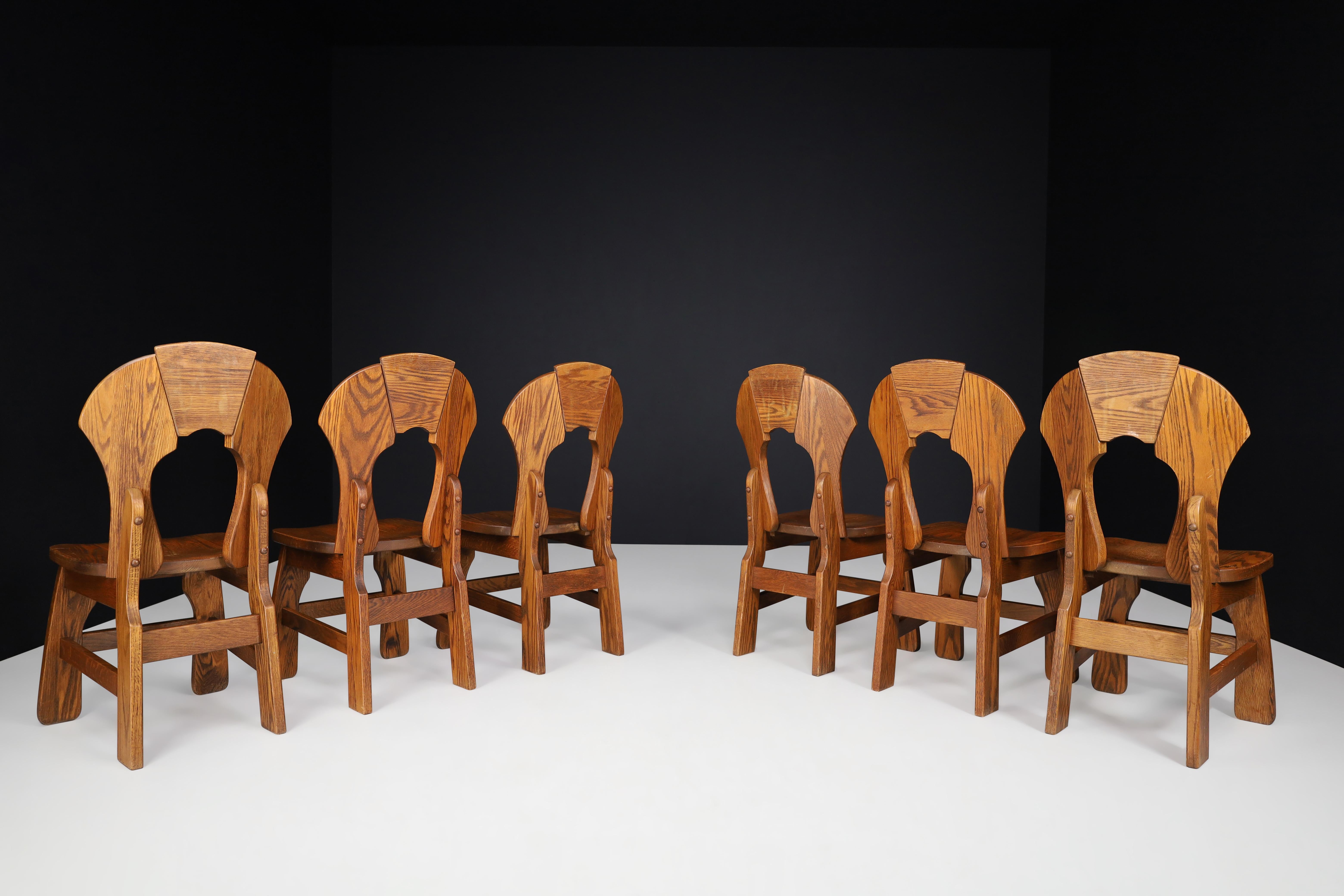 French Set of Six Brutalist Oak Dining Chairs, France, 1960s