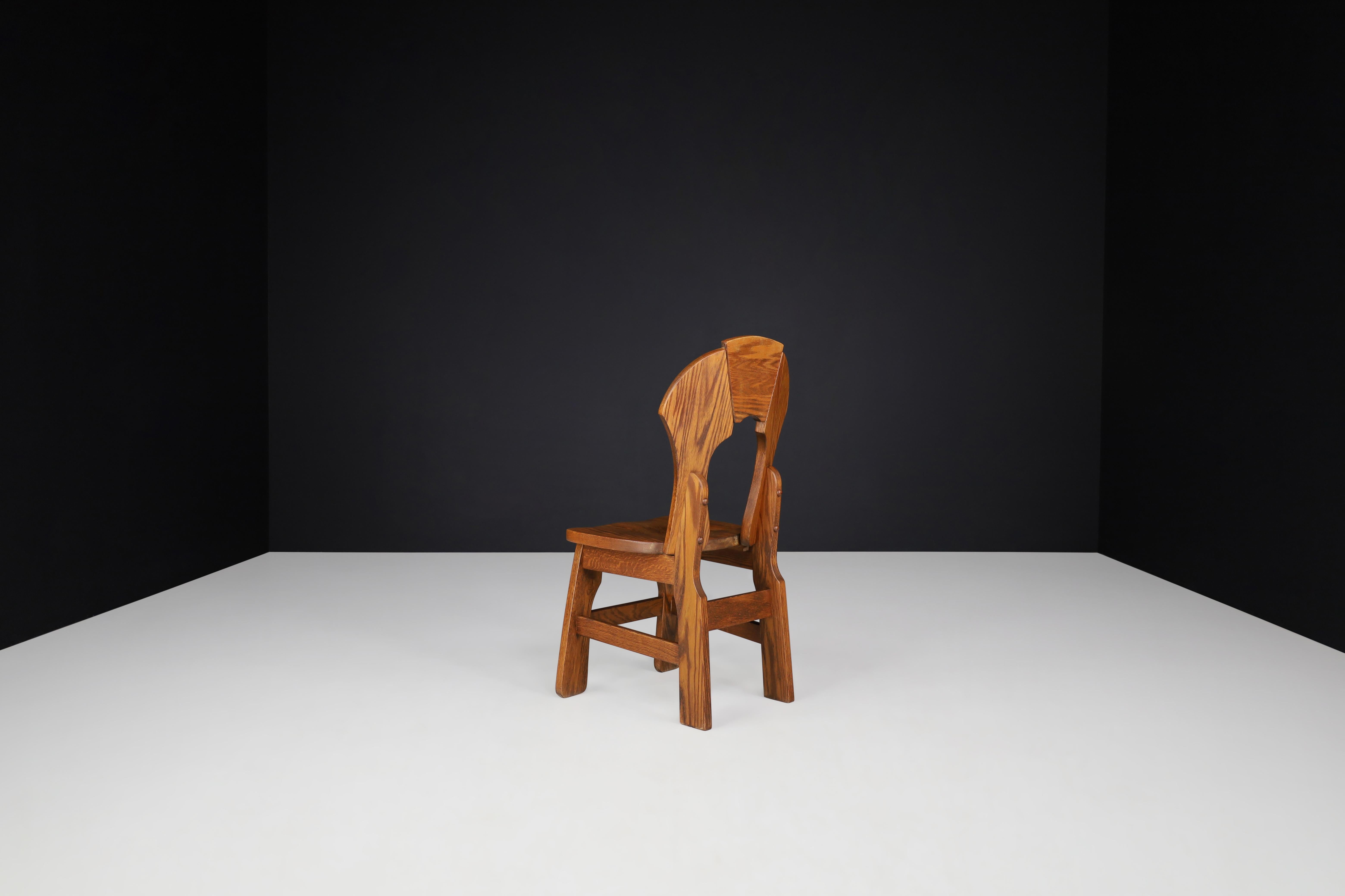 Set of Six Brutalist Oak Dining Chairs, France, 1960s 1
