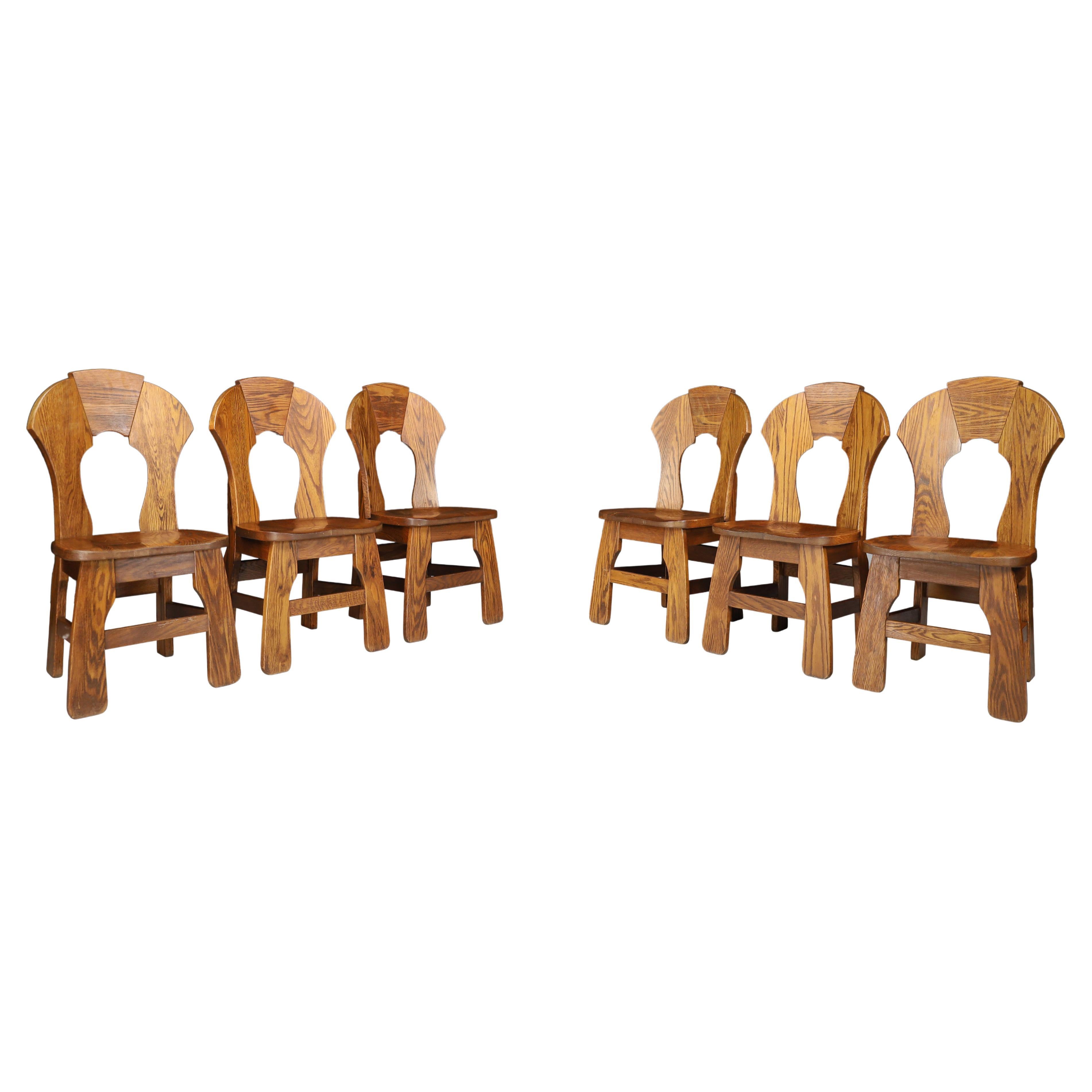 Set of Six Brutalist Oak Dining Chairs, France, 1960s
