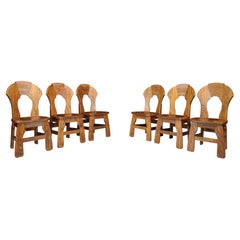Set of Six Brutalist Oak Dining Chairs, France, 1960s