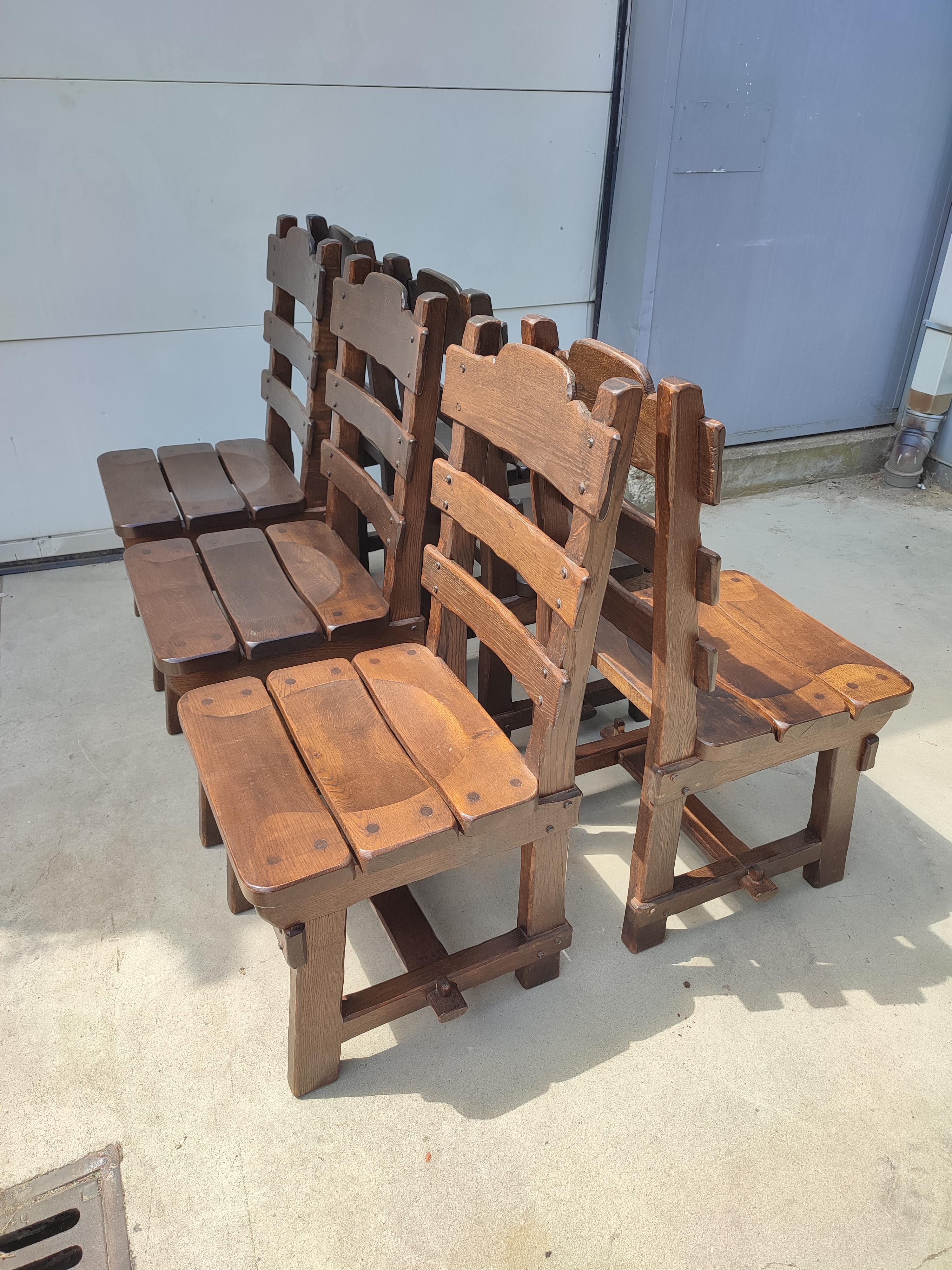 French Set of Six Brutalist Oak Dining Chairs Made in Belgium For Sale
