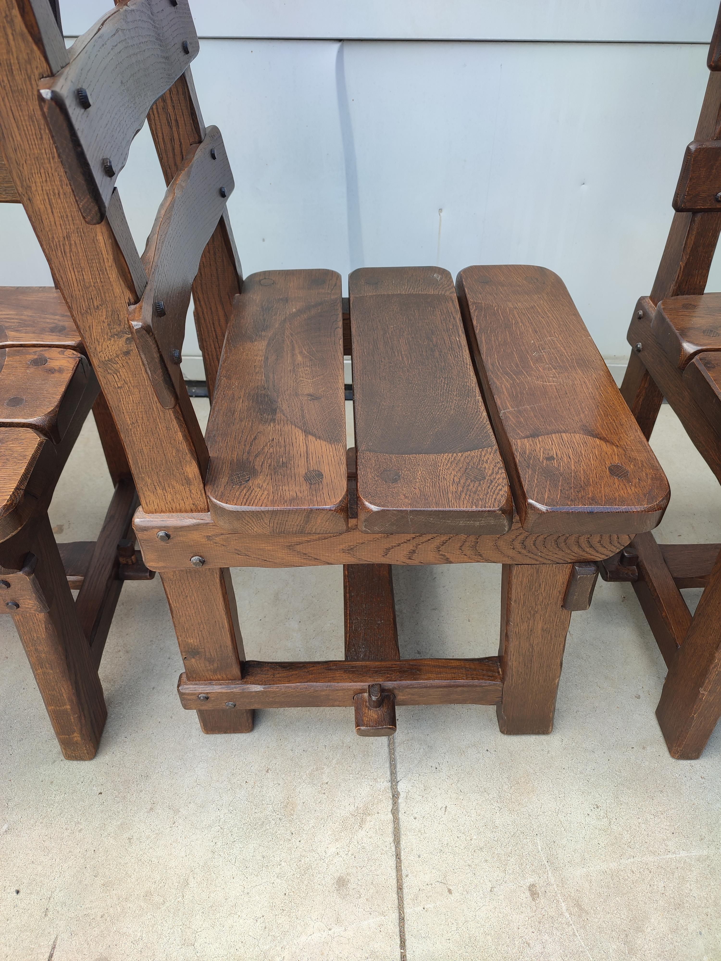 Set of Six Brutalist Oak Dining Chairs Made in Belgium In Good Condition For Sale In Waasmunster, BE