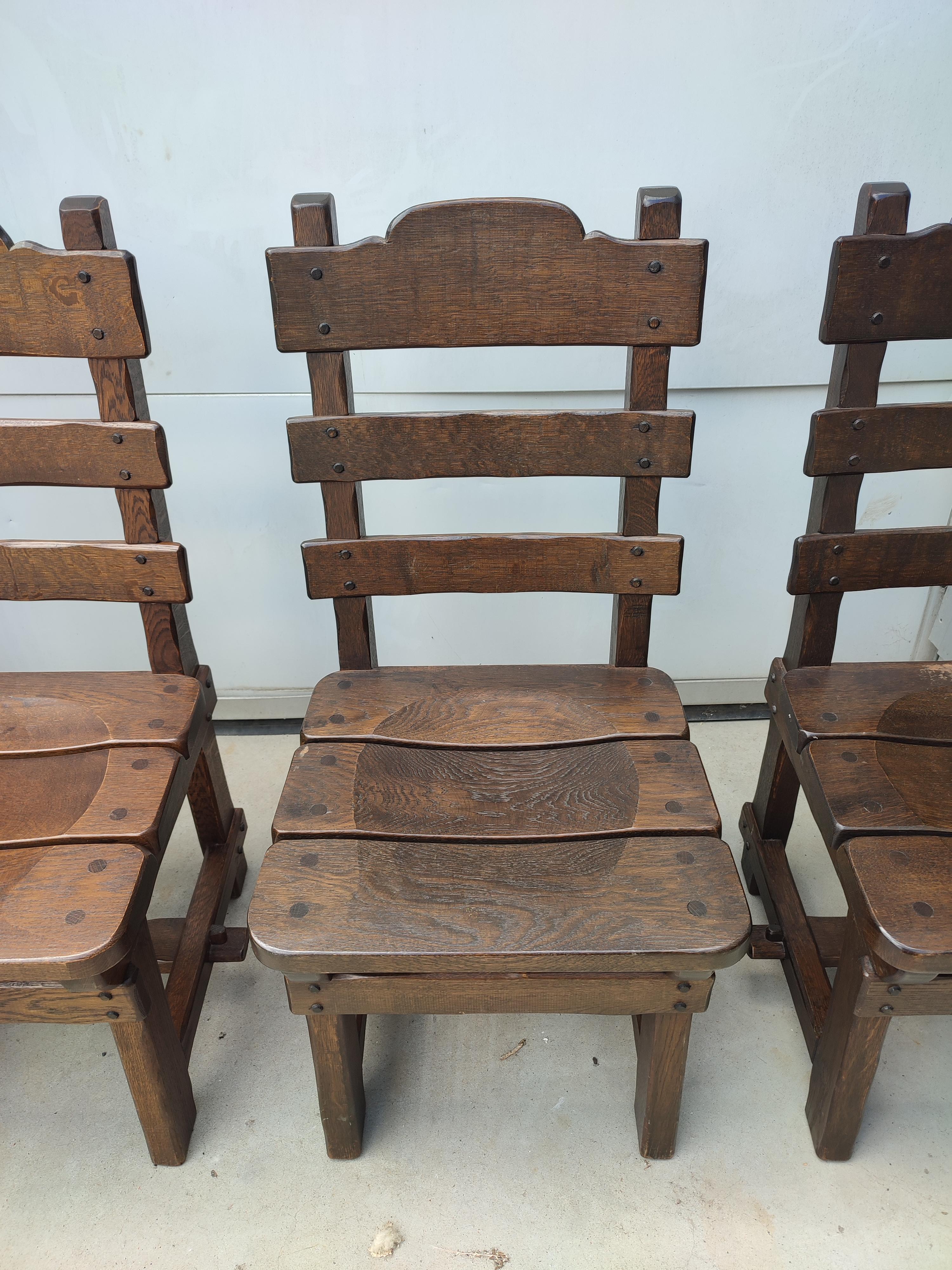 Set of Six Brutalist Oak Dining Chairs Made in Belgium For Sale 2