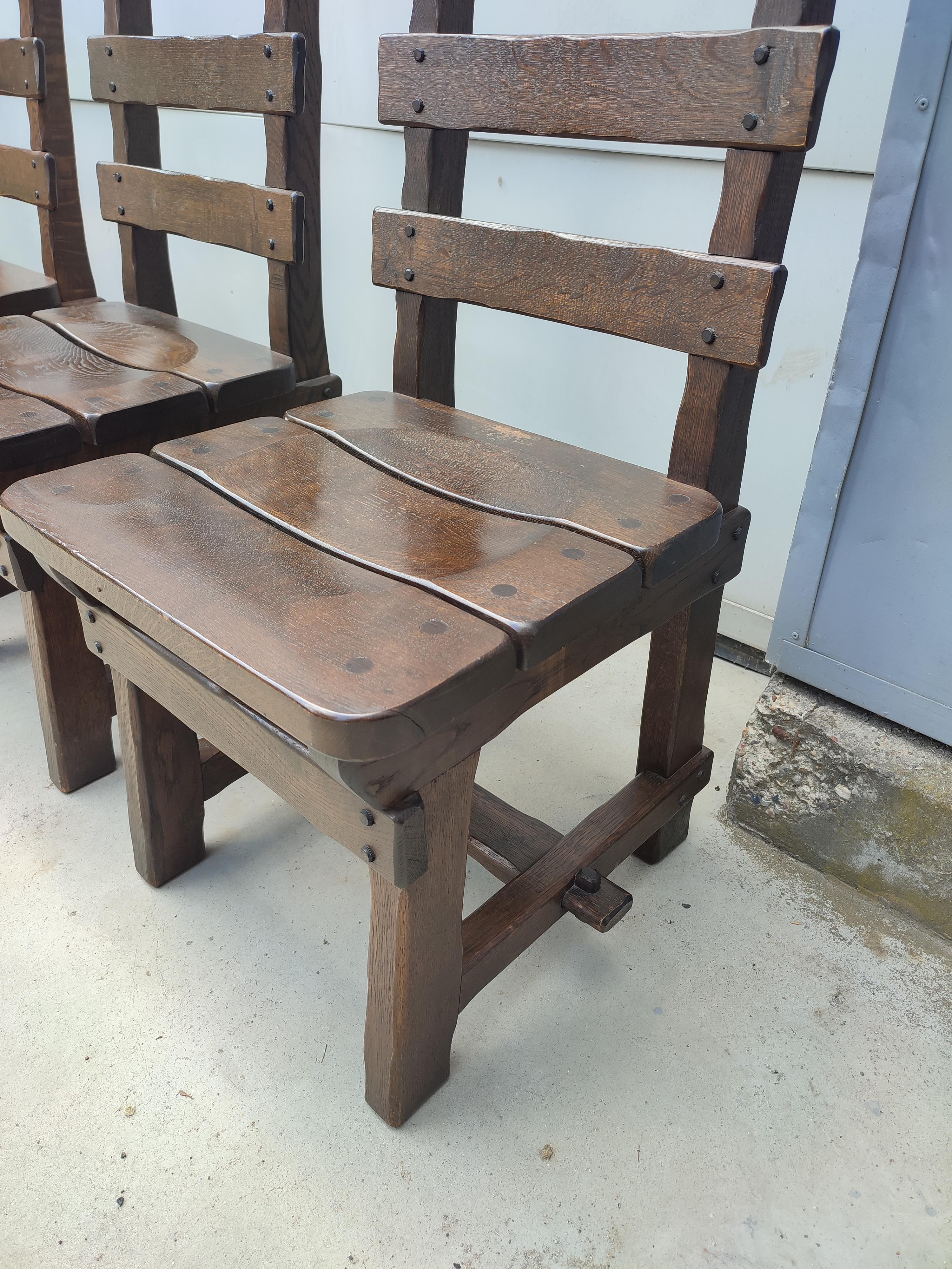 Set of Six Brutalist Oak Dining Chairs Made in Belgium For Sale 3