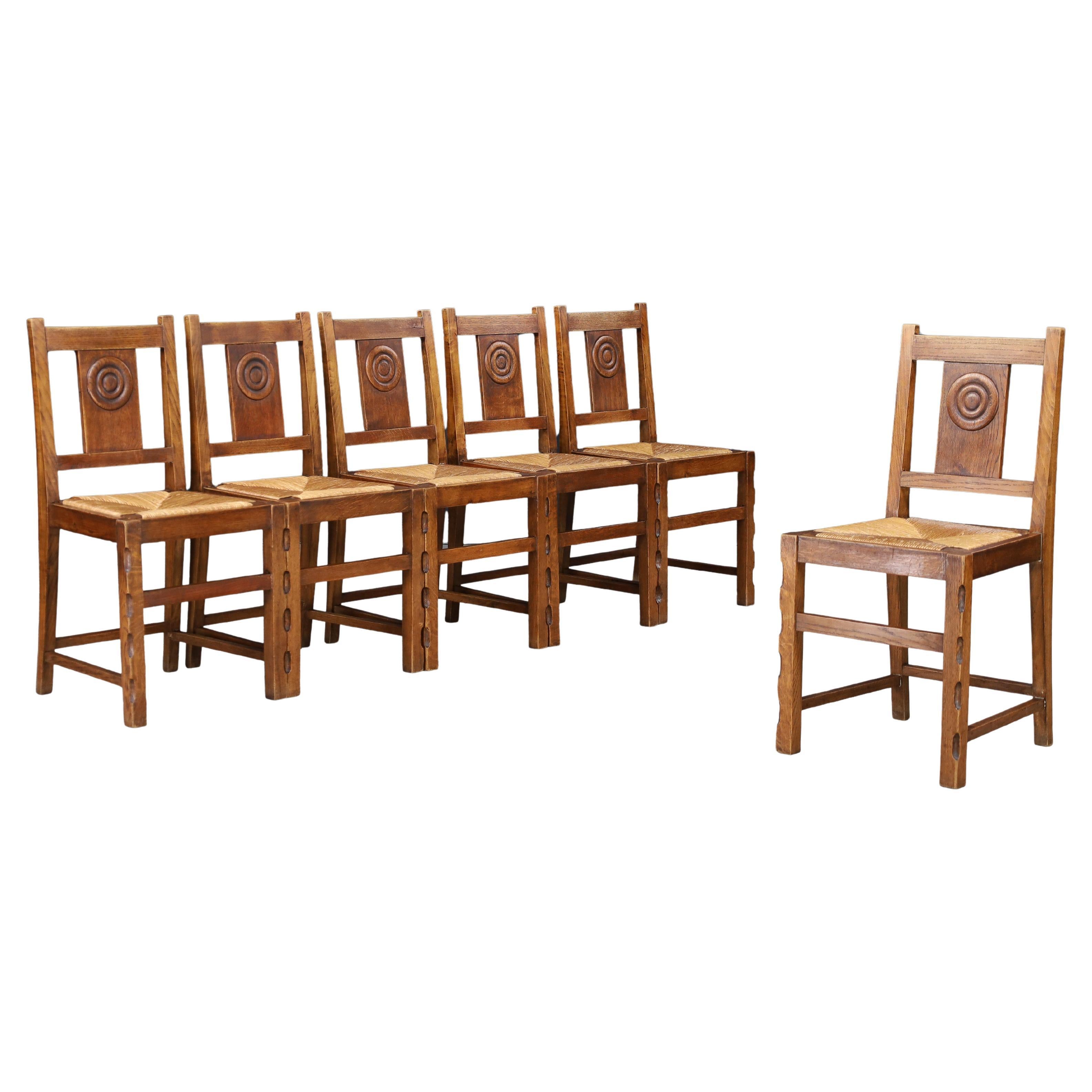 Set di sei sedie da pranzo brutaliste in Oak con dettagli in stile Dudouyt, Francia 1940