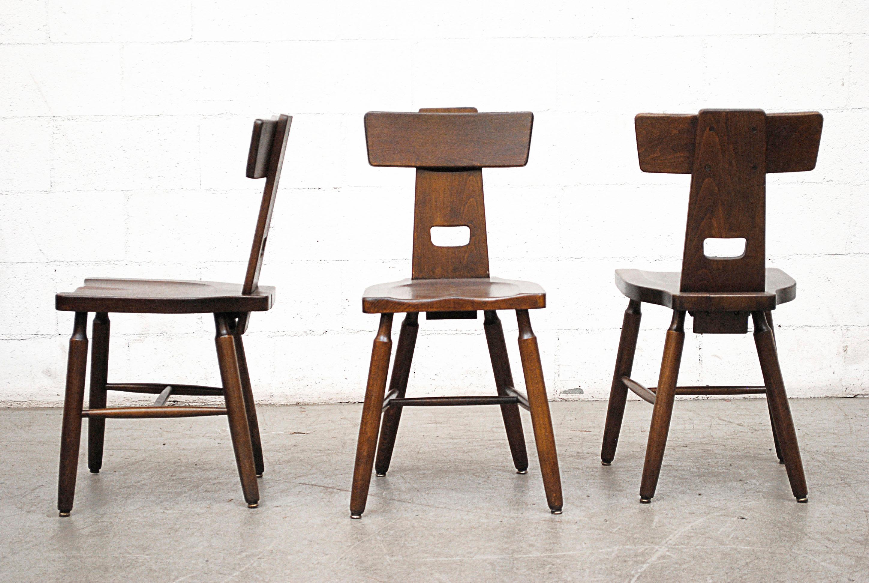 Set of Six Brutalist T-Back dining chairs inspired by Pierre Chapo. Lightly refinished dark oak plank dining chairs. Good original condition. Set price. 15 more available and listed separately (LU922414634072).