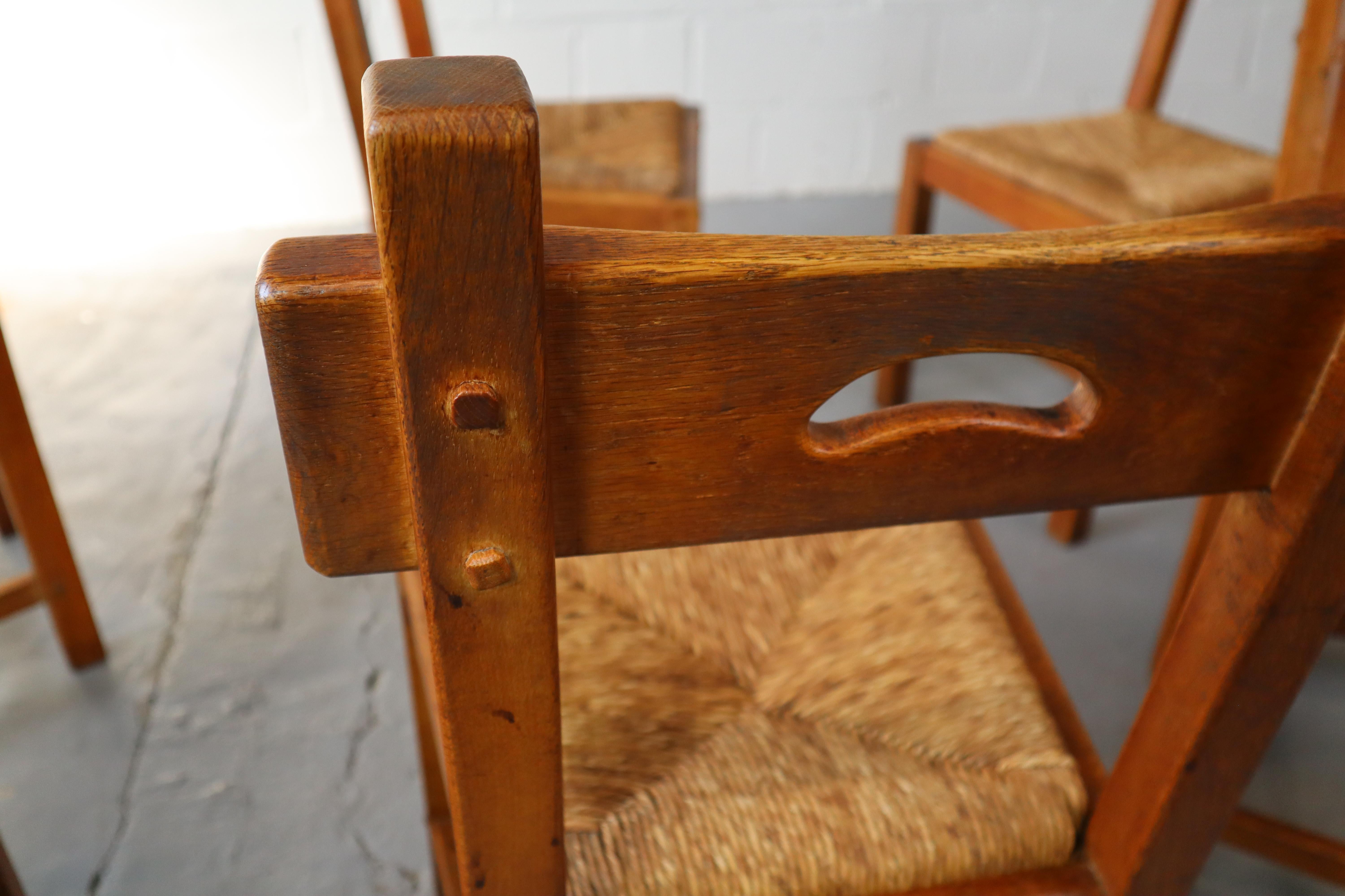 Set di sei sedie da pranzo brutaliste e rustiche in Oak e Rush, Spagna, anni '60! in vendita 10