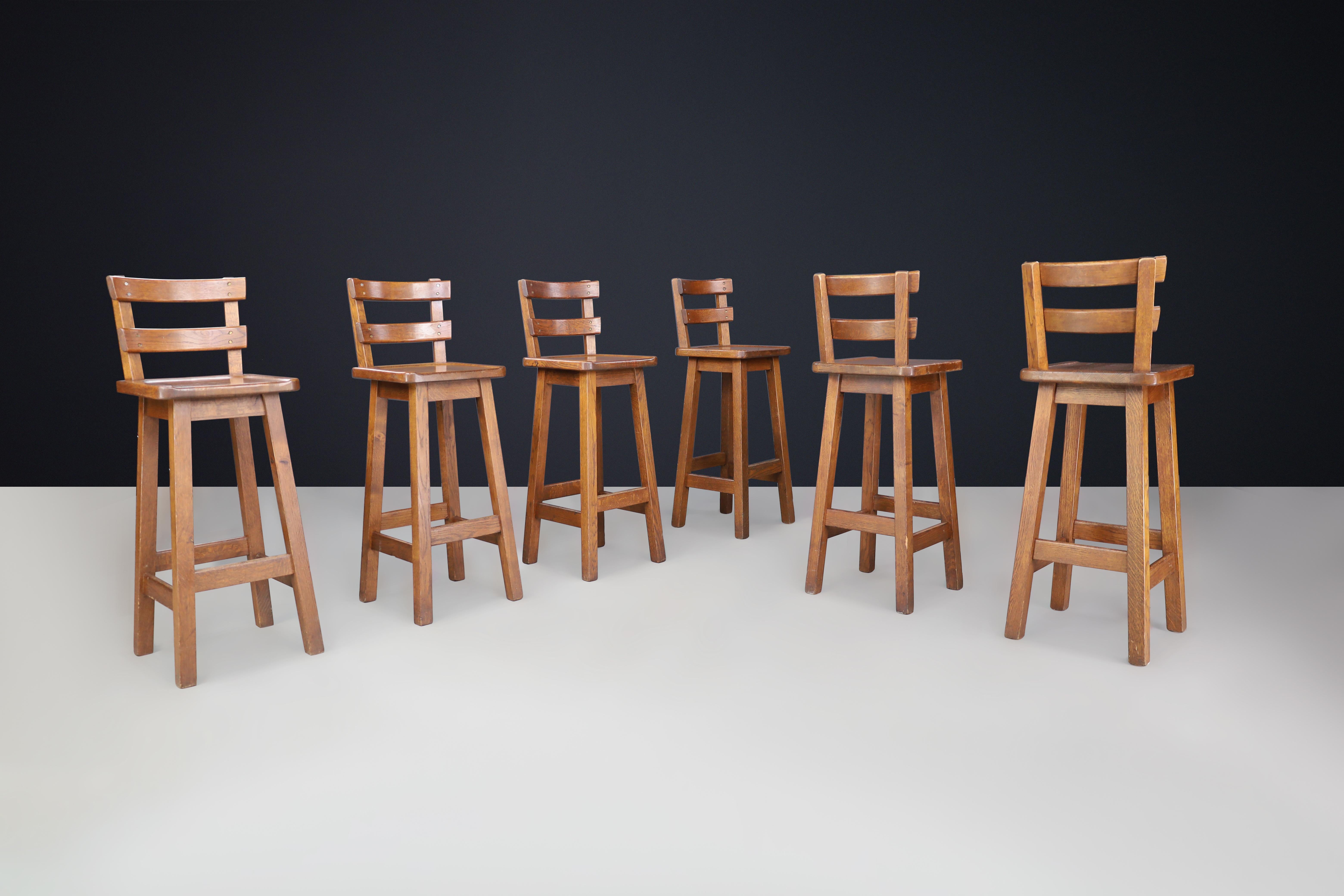 French Set of Six Brutalist Solid Oak Bar Stools, France, 1960s For Sale