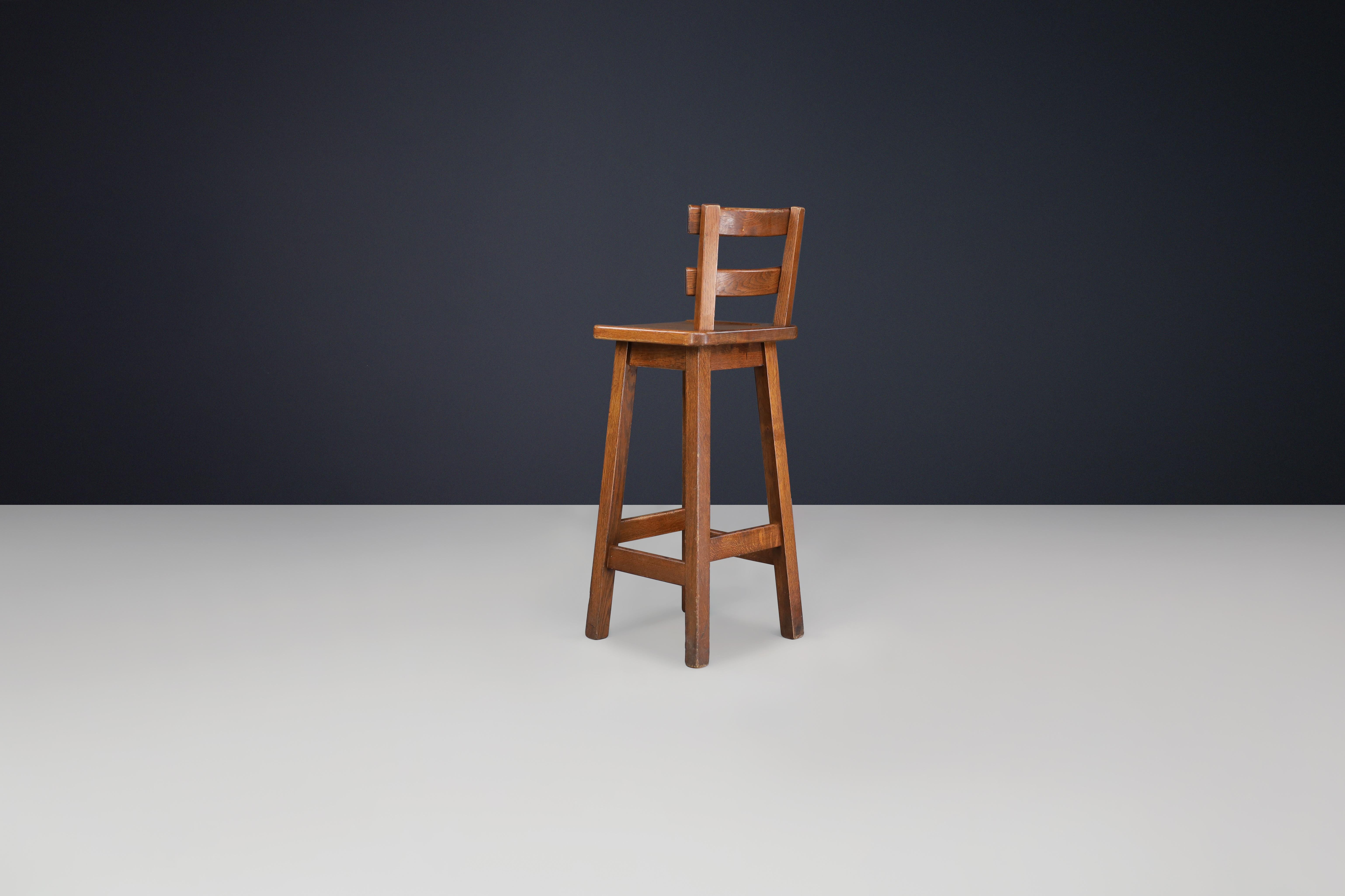 20th Century Set of Six Brutalist Solid Oak Bar Stools, France, 1960s For Sale