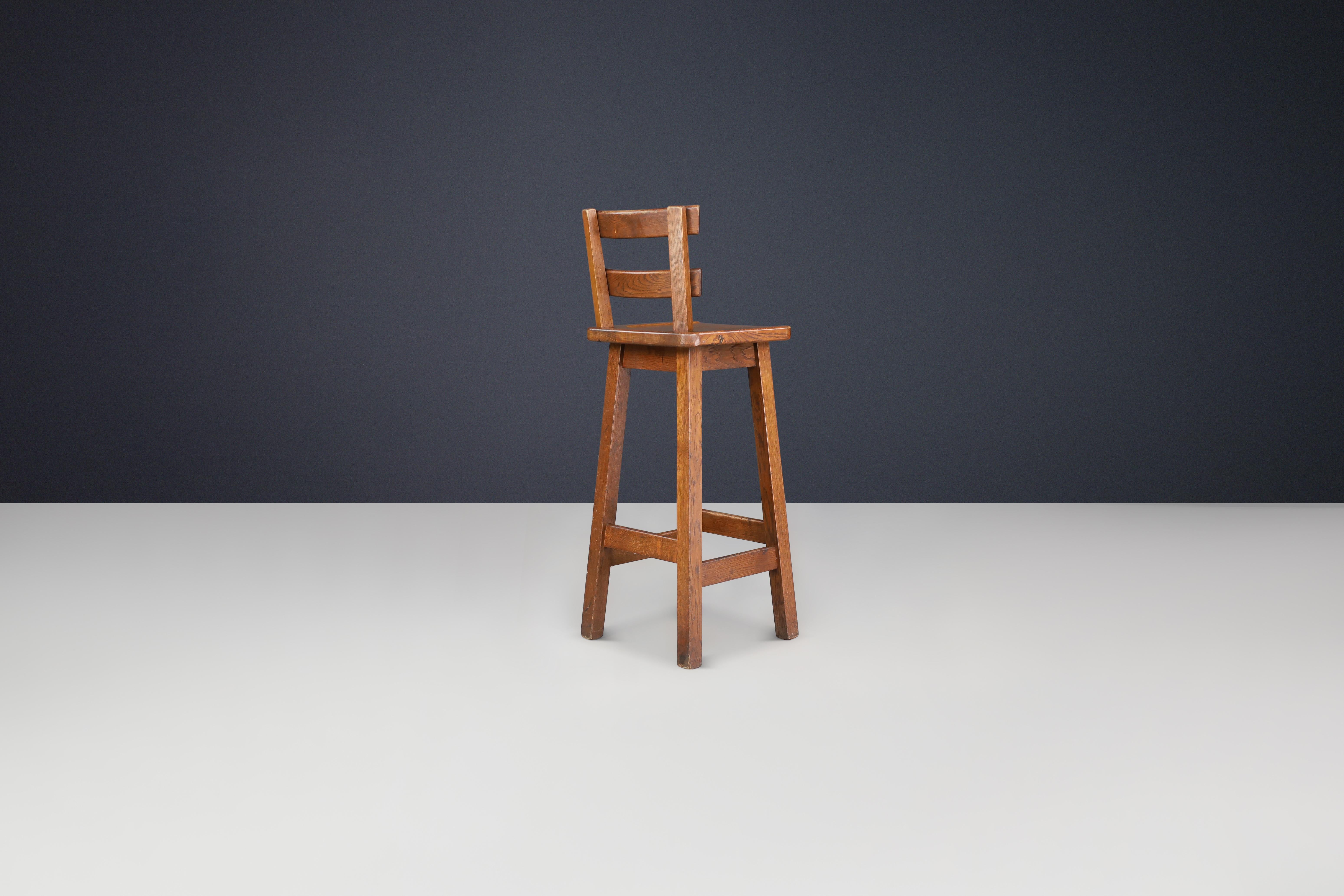 Set of Six Brutalist Solid Oak Bar Stools, France, 1960s For Sale 1