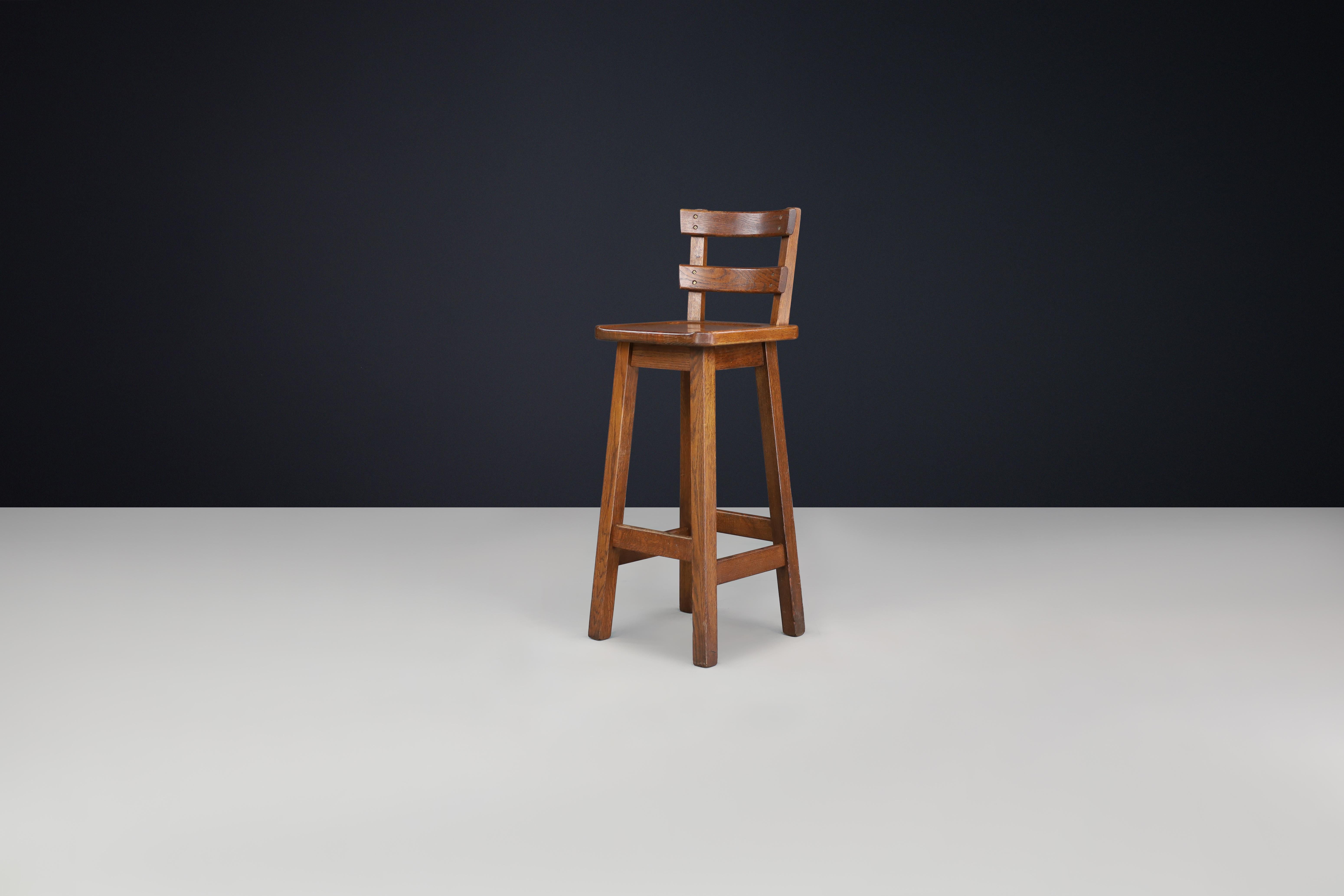 Set of Six Brutalist Solid Oak Bar Stools, France, 1960s For Sale 2