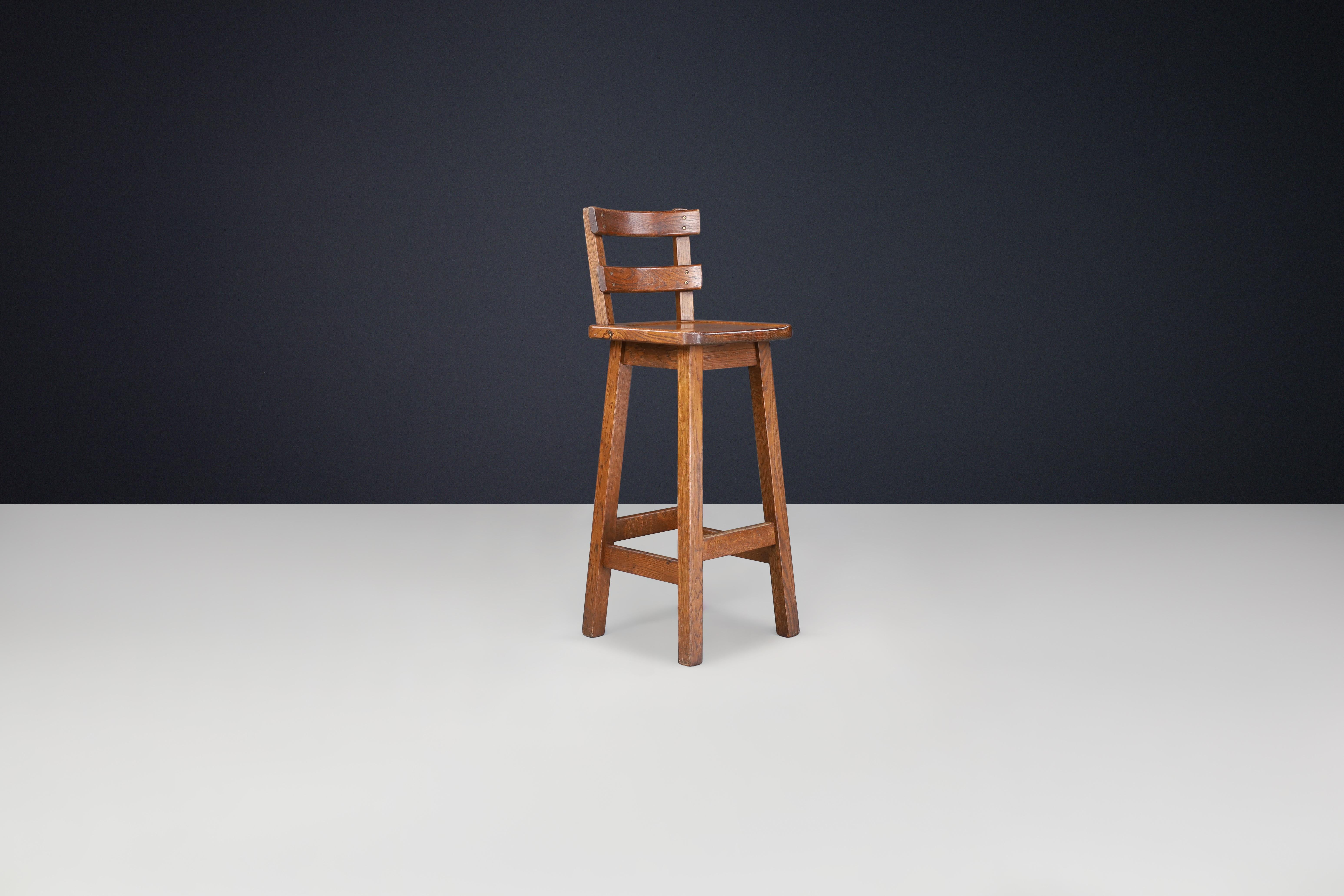Set of Six Brutalist Solid Oak Bar Stools, France, 1960s For Sale 3