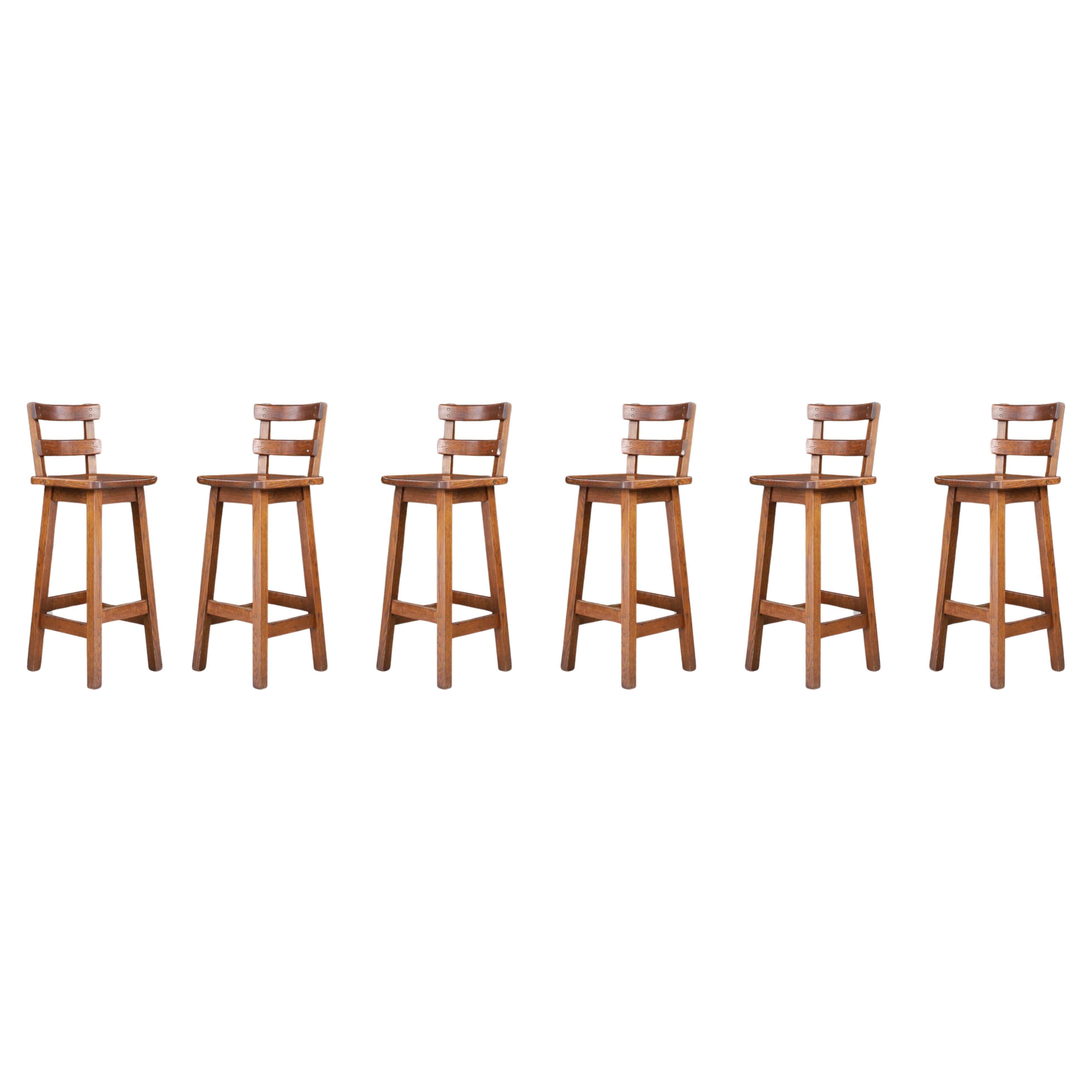 Set of Six Brutalist Solid Oak Bar Stools, France, 1960s For Sale
