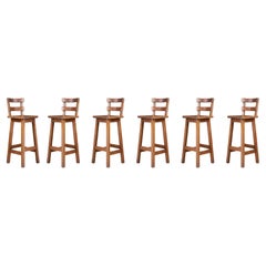 Set of Six Brutalist Solid Oak Bar Stools, France, 1960s