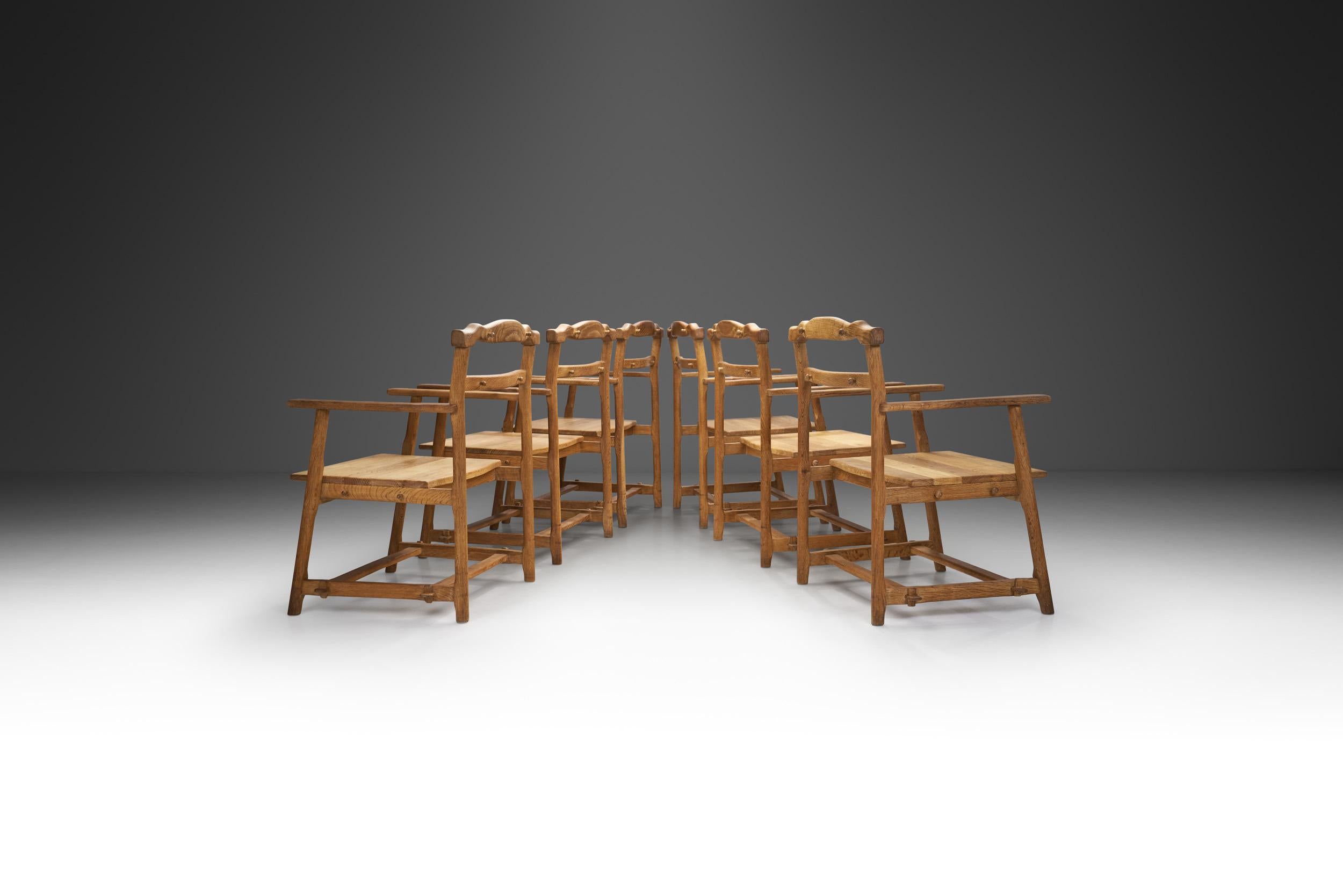 European Set of Six Brutalist Solid Oak Dining Chairs, Europe 1960s For Sale
